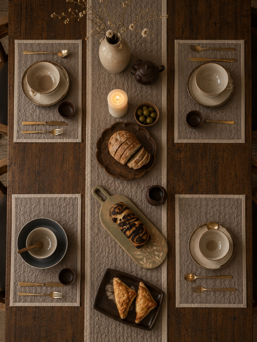 Ellipso Beige Taupe Quilted Table Linen Set (9 PC Set)