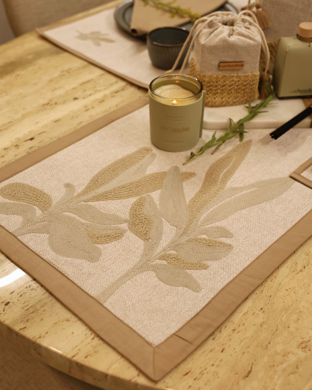Palm Haven Hazel Beige Table Linen Set (13 PC Set)