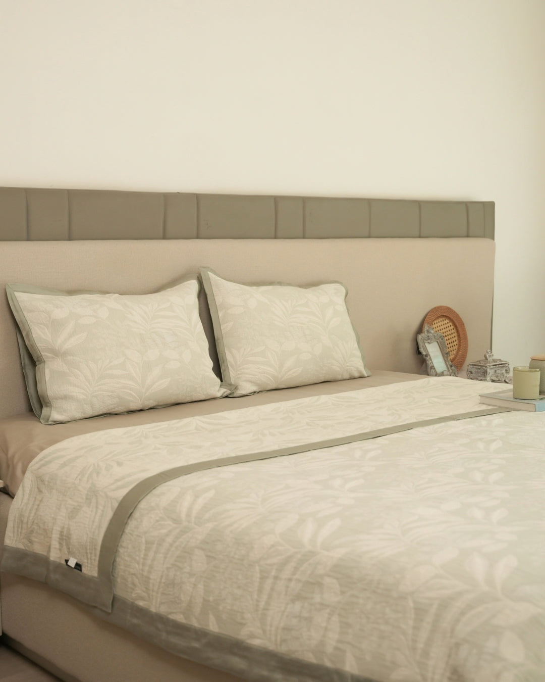 Fleur Sage Green Cotton Jacquard Bedspread Set