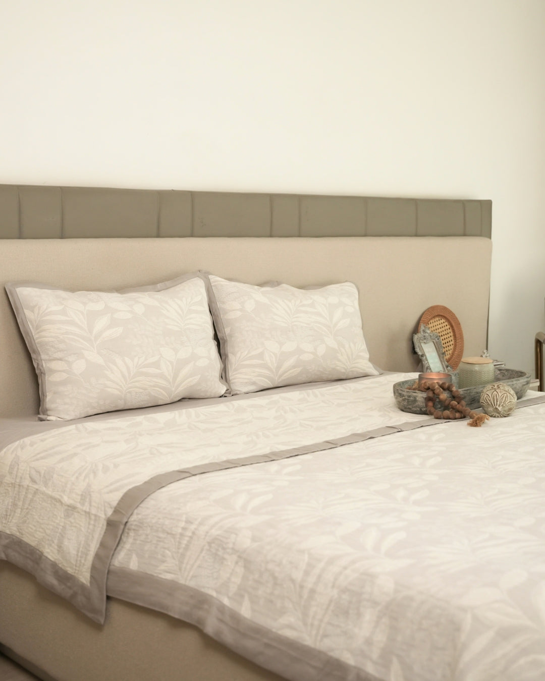 Fleur Grey Cotton Jacquard Bedspread Set