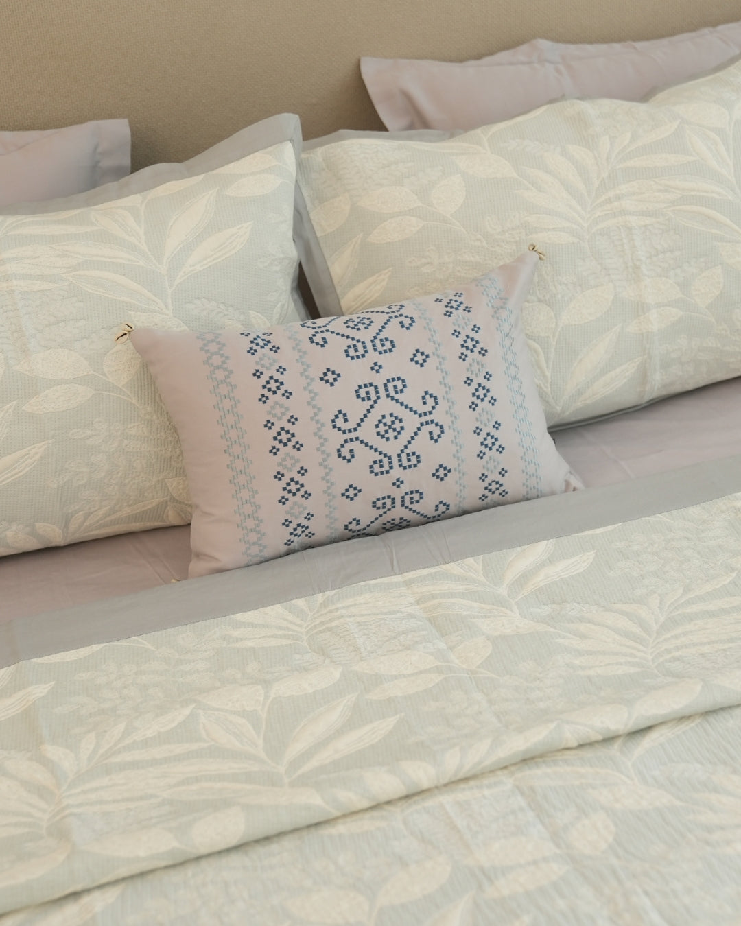 Fleur Blue Cotton Jacquard Bedding Set (10 PC Set)