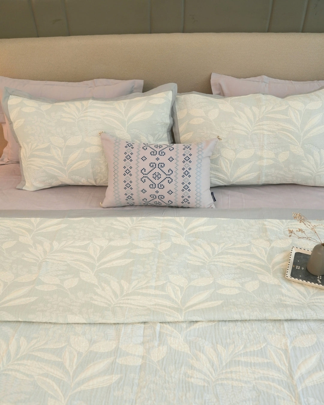 Fleur Blue Cotton Jacquard Bedding Set (10 PC Set)