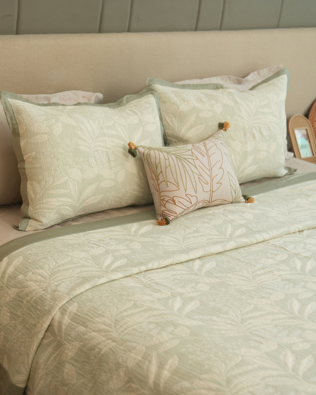 Fleur Sage Green Cotton Jacquard Bedding Set (10 PC Set)