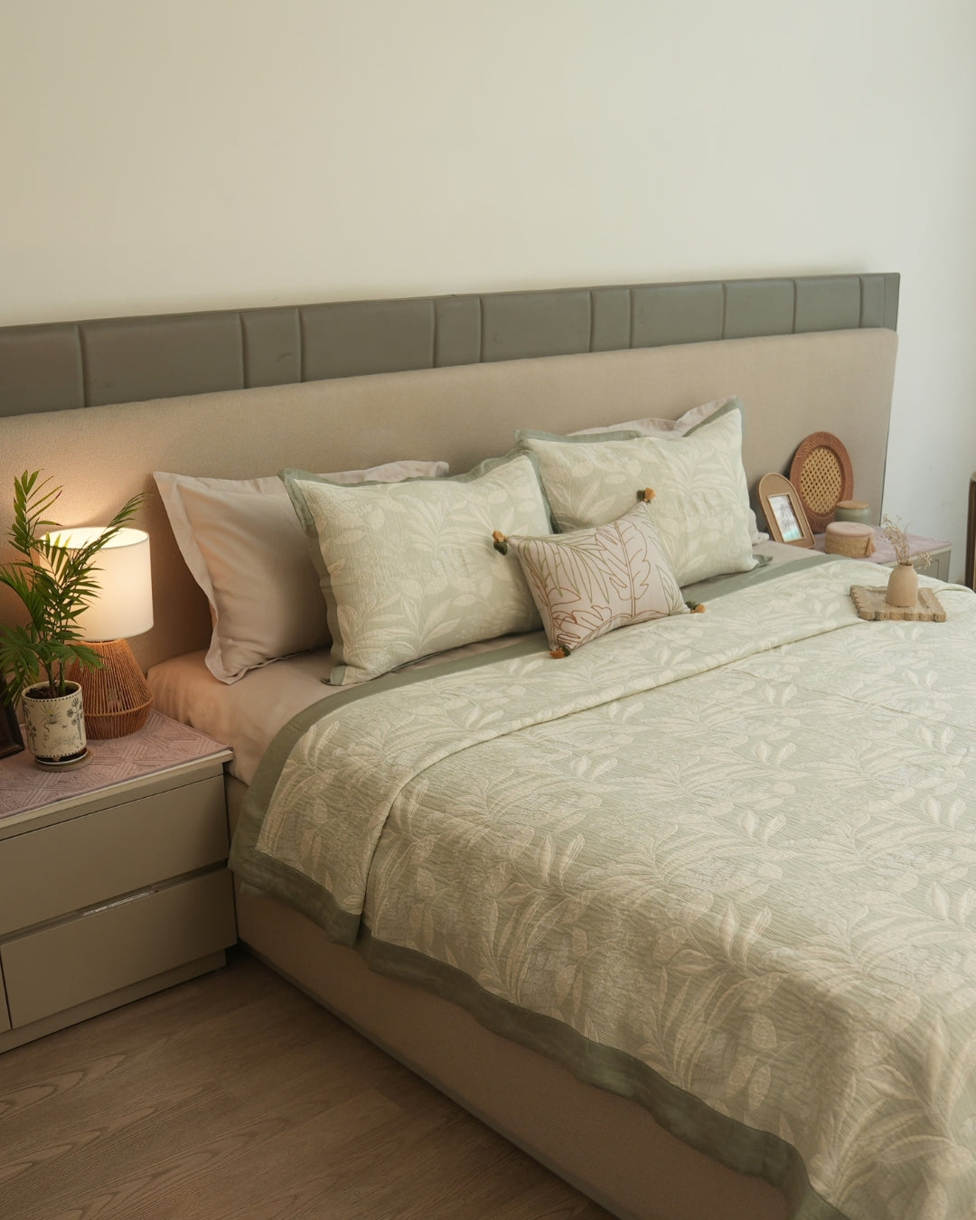 Fleur Sage Green Cotton Jacquard Bedspread Set
