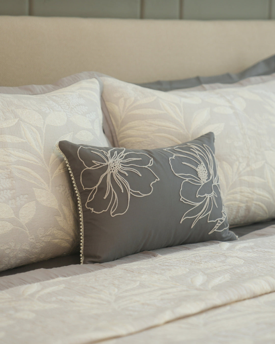Fleur Grey Cotton Jacquard Bedding Set (10 PC Set)