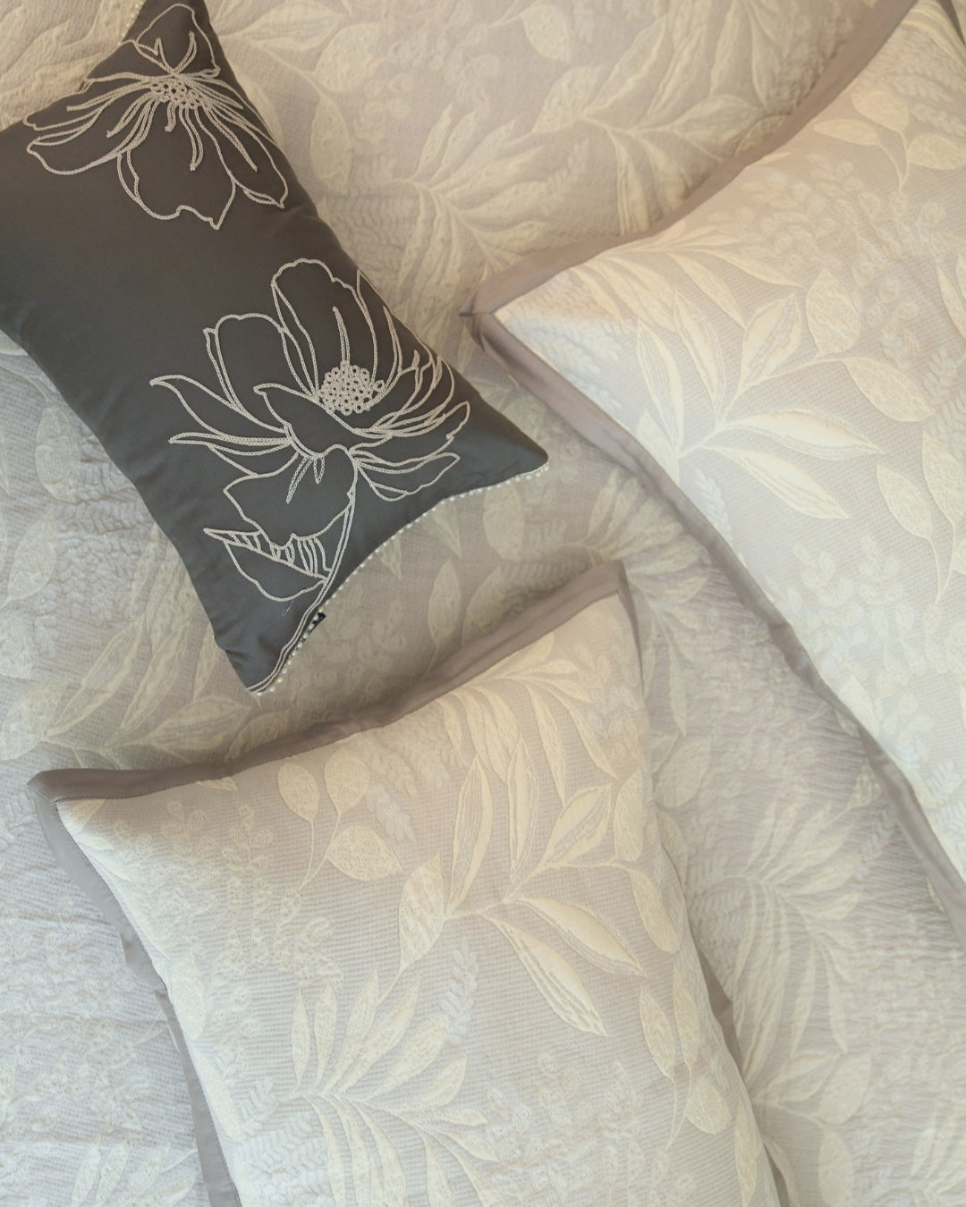 Fleur Grey Cotton Jacquard Bedding Set (10 PC Set)