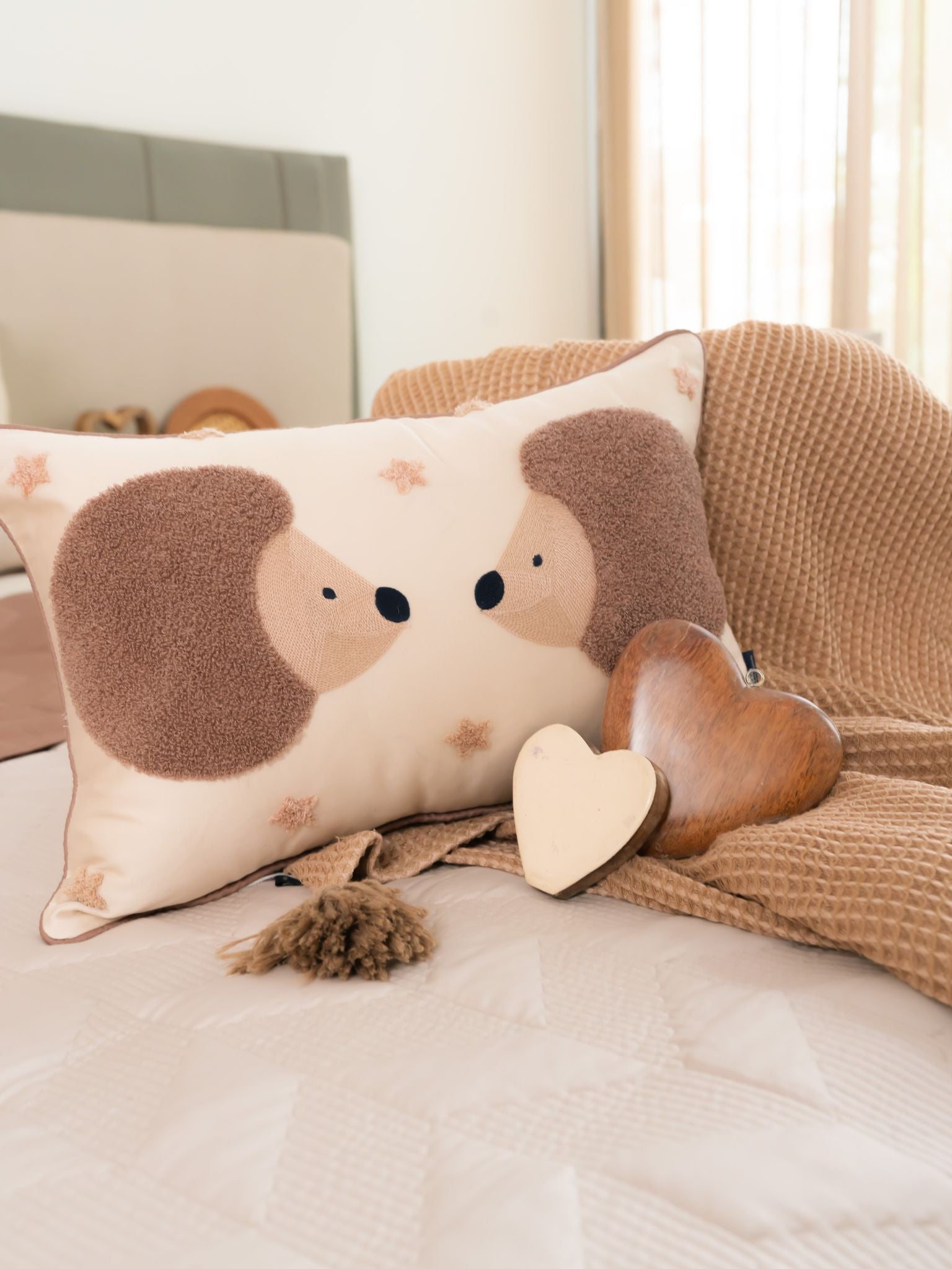 Wiggy & Waggy Cotton Embroidered Oats Beige Cushion Cover Kids Design 12" X 18"