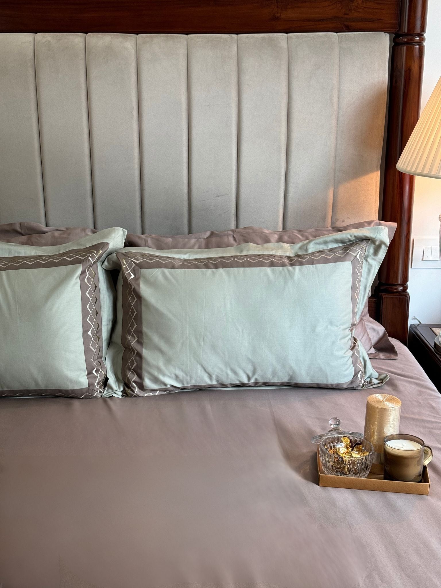 Splash Sage Green Taupe Desire Cotton Bedsheet Set (5 PC Set)