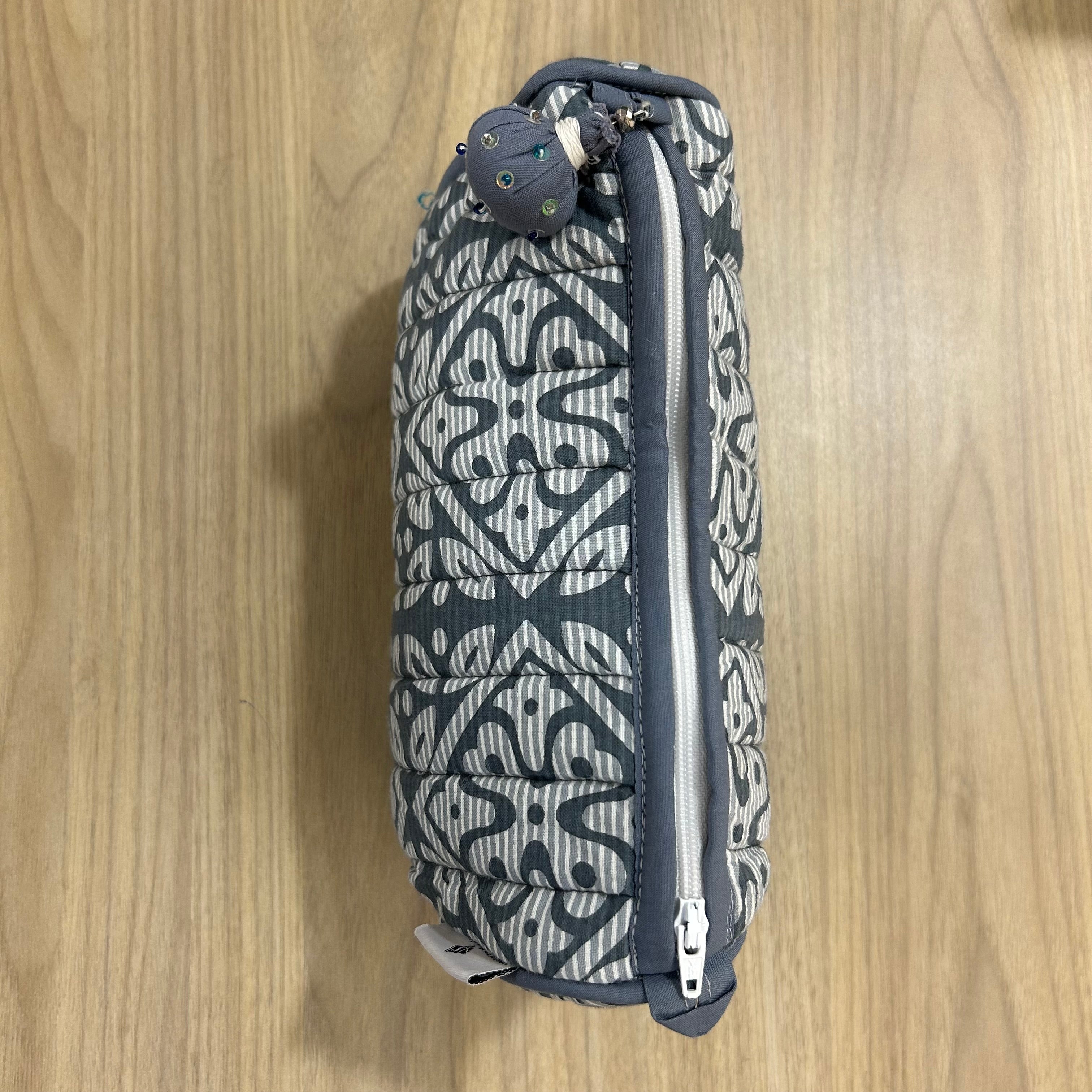 Grey Printed Cotton Medium Size Quilted Wedding Jewelry Pouch / Cosmetic / Make Up Case Multifunction Storage