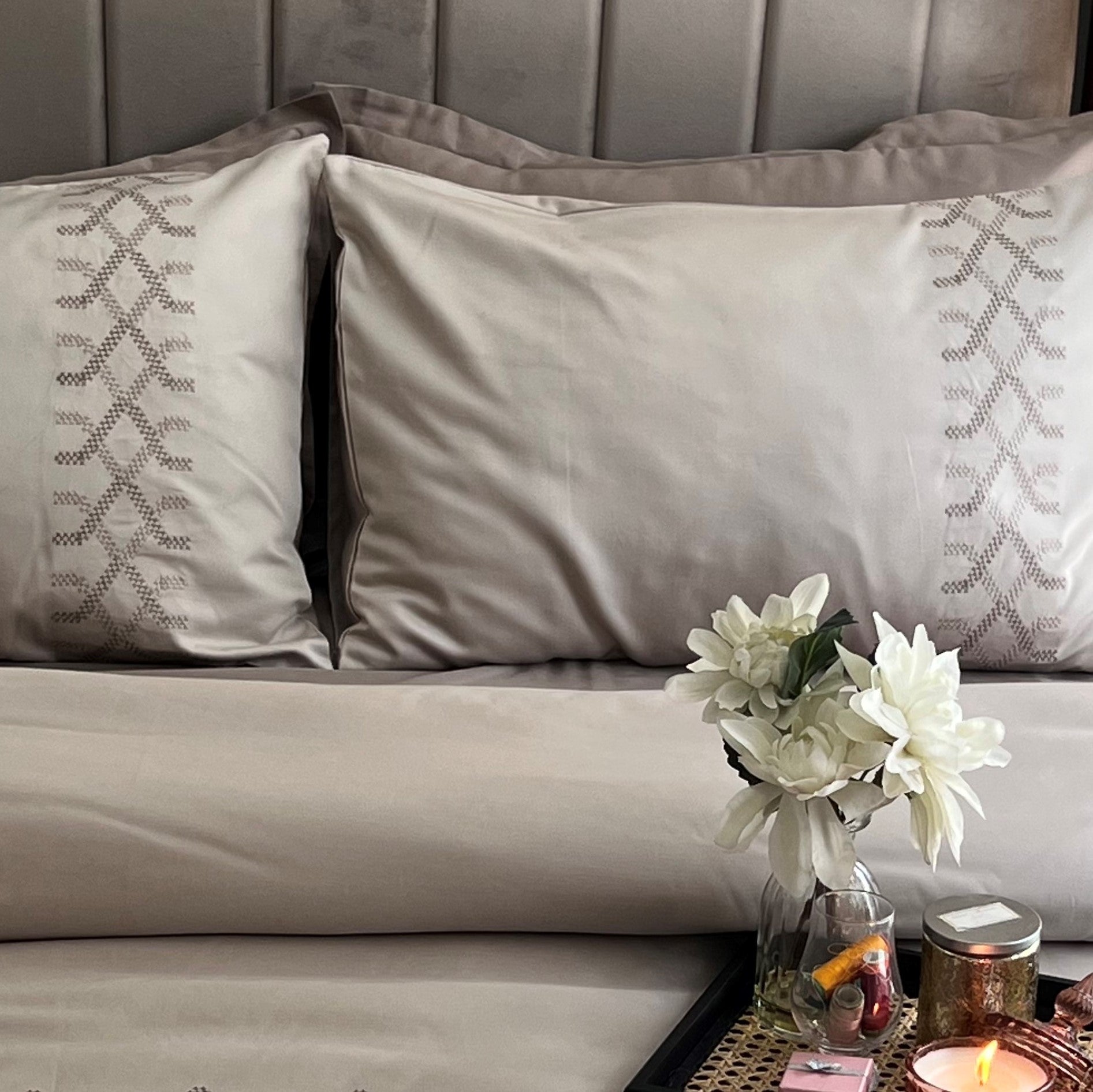 Tribe Beige Embroidered Cotton Rich Pillow Covers (Set of 02)