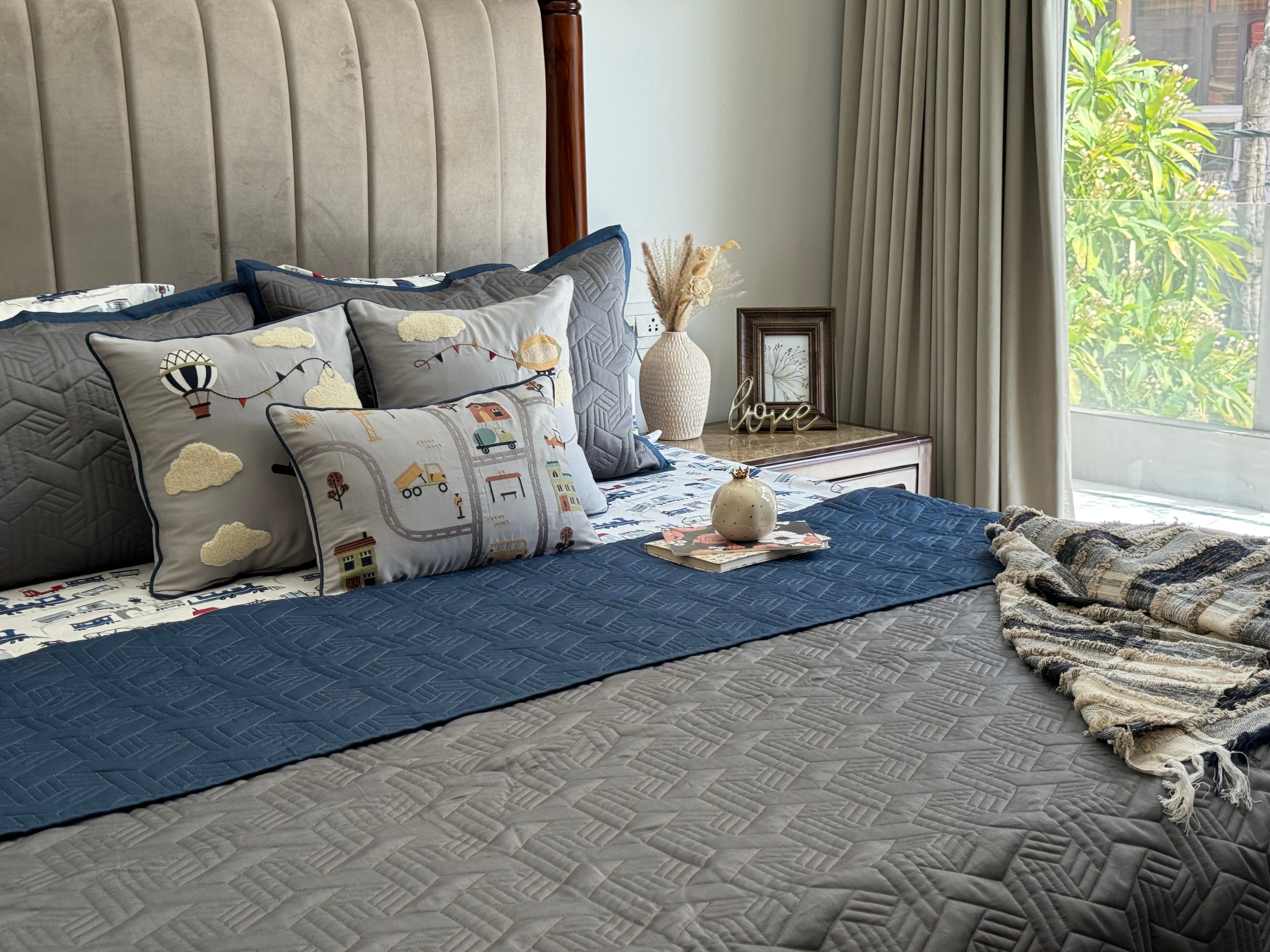 The Little Explorer Navy and Dark Grey Kids Bedding Set (10 PC Set)