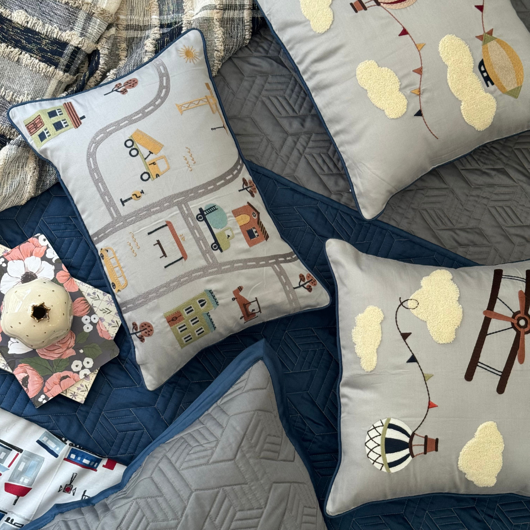 The Little Explorer Navy and Dark Grey Kids Bedding Set (10 PC Set)