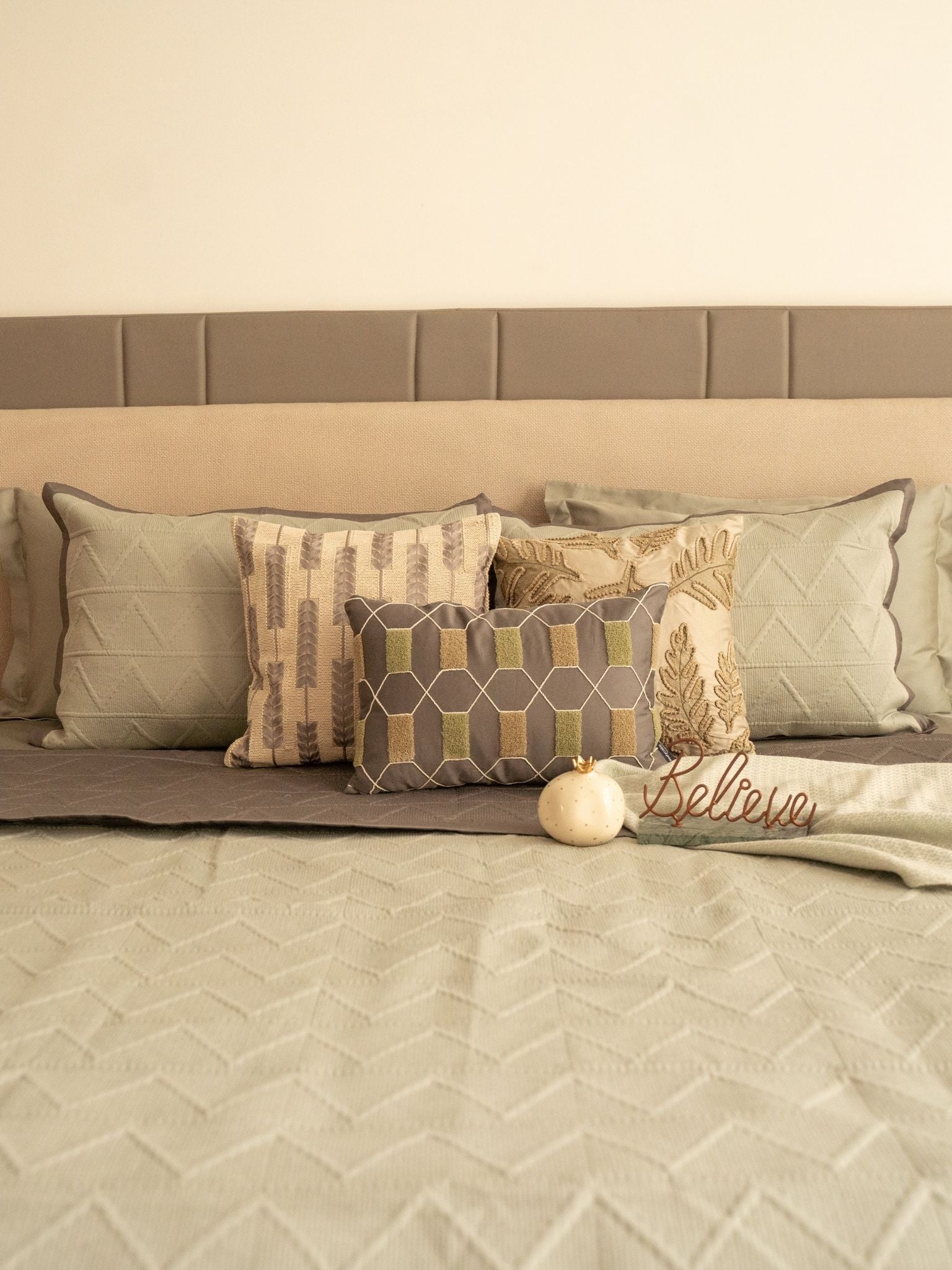 Trigon Sage Green and Dark Grey 300TC Cotton Bedding Set (10 PC Set)