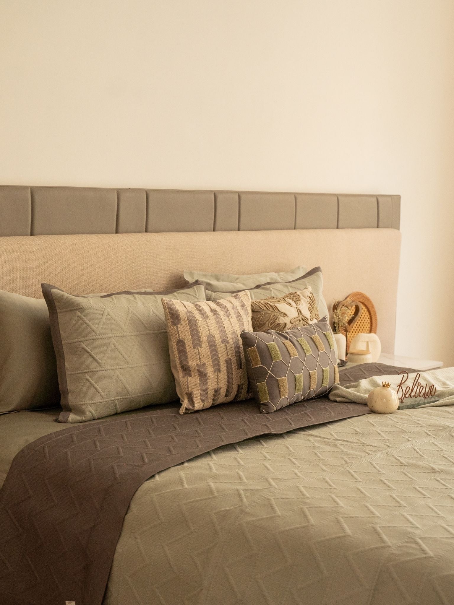 Trigon Sage Green and Dark Grey 300TC Cotton Bedding Set (10 PC Set)