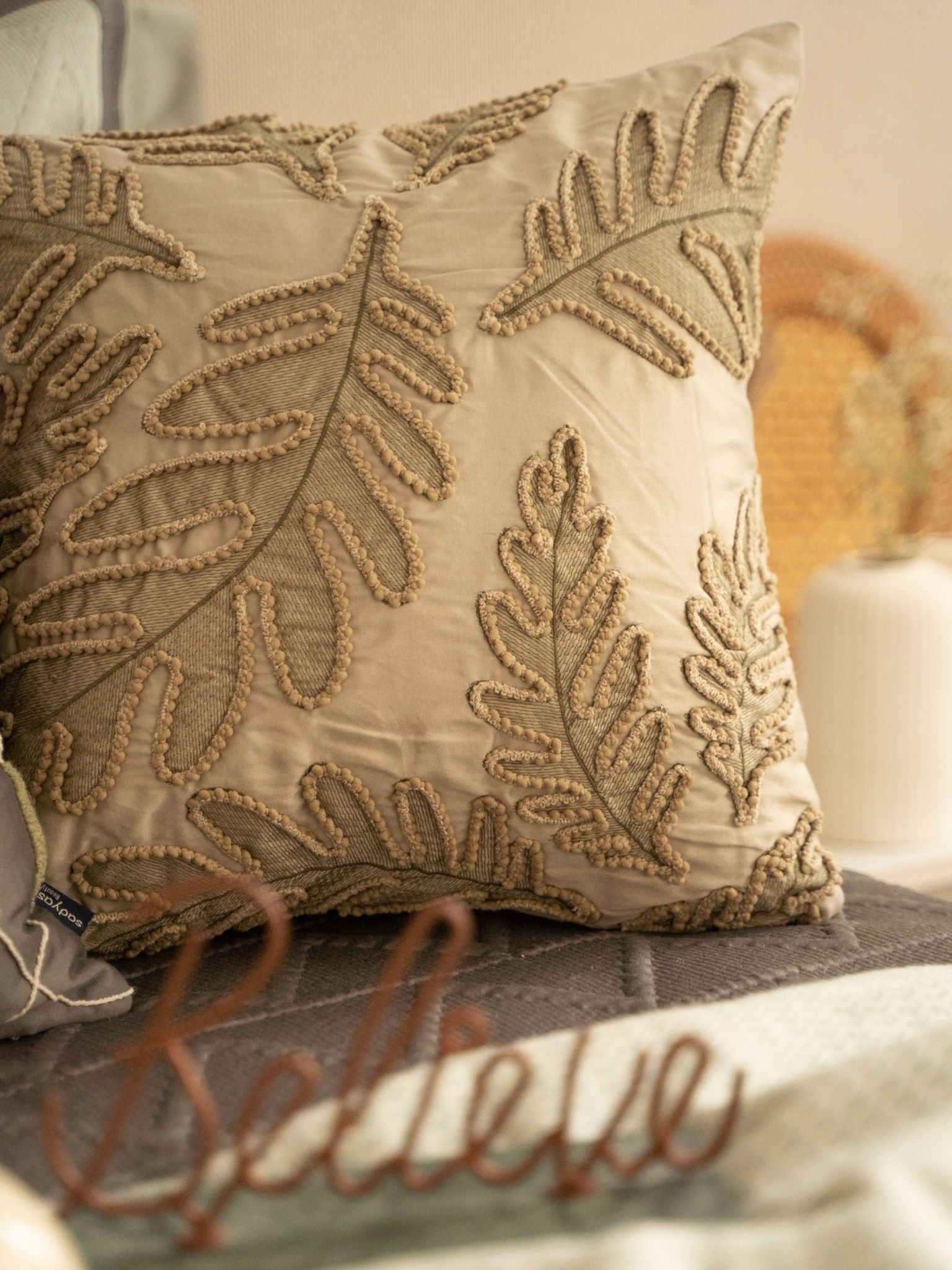 Forest Whisper Cotton Embroidered Beige Cushion Cover 16" X 16"