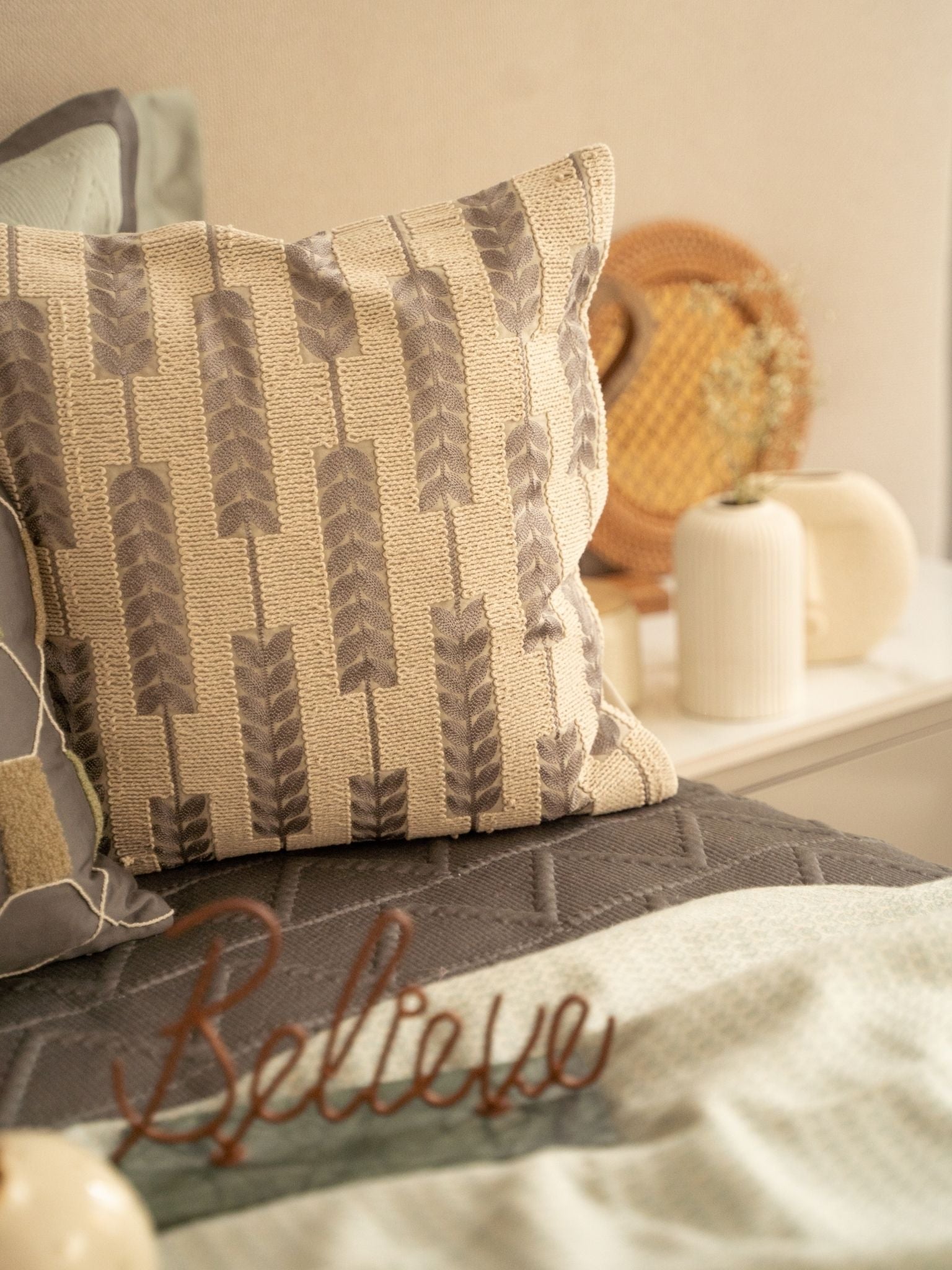 Leafy Oasis Cotton Embroidered Beige Cushion Cover 16" X 16"