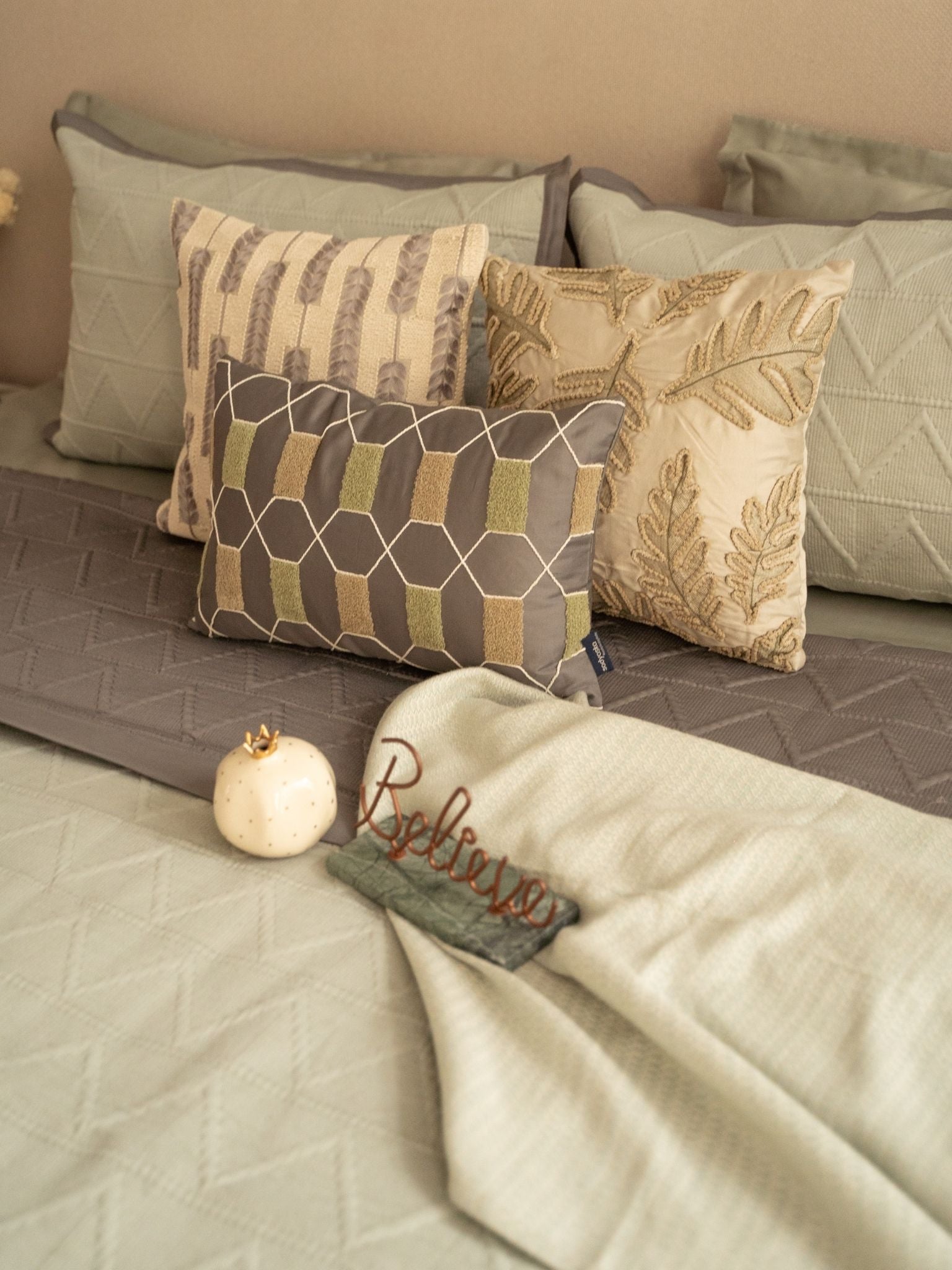 Trigon Sage Green and Dark Grey 300TC Cotton Bedding Set (10 PC Set)