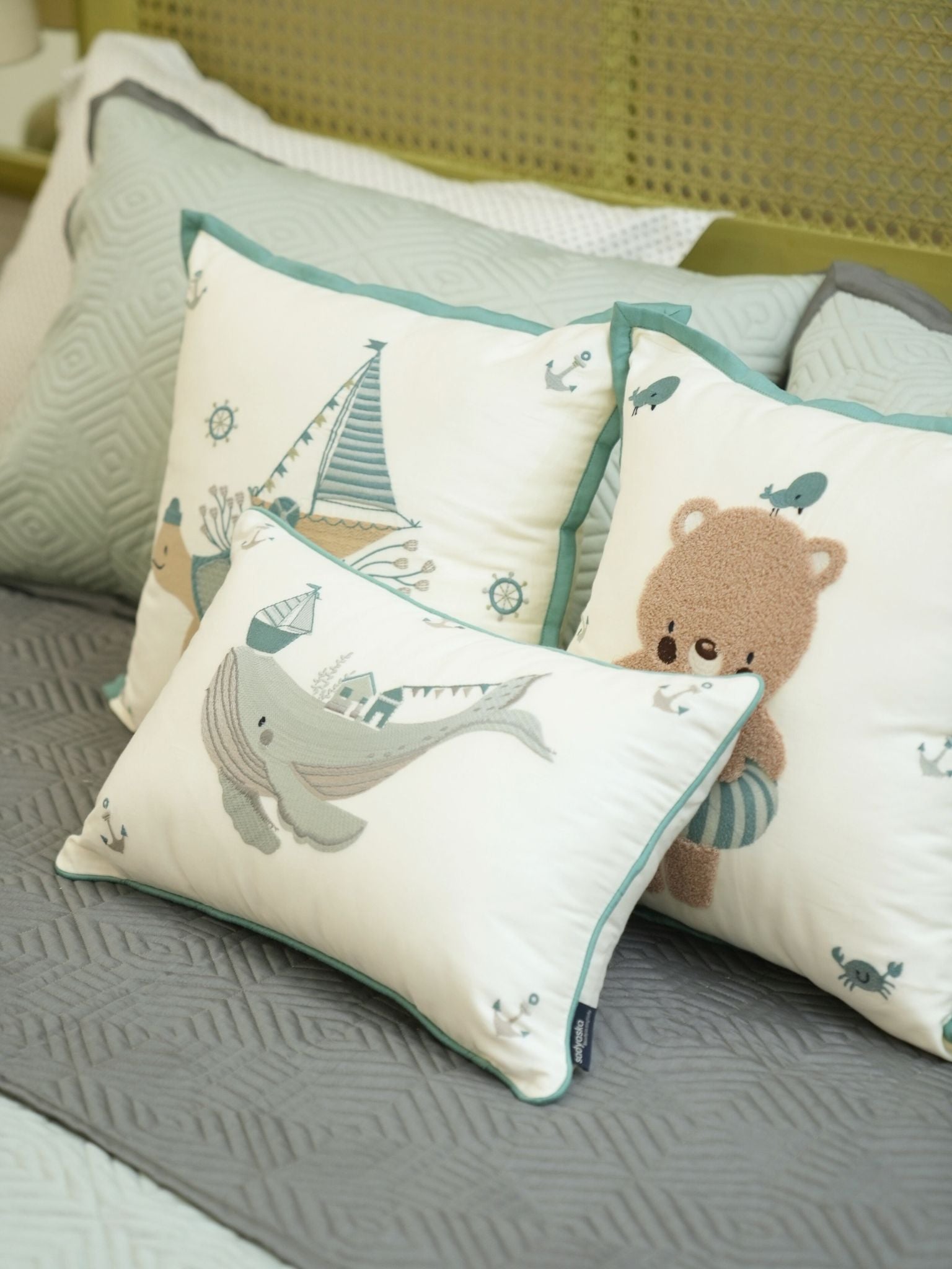 Under The Sea Sage Green Dark Grey Kids Cotton Rich Bedding Set (10 PC Set)