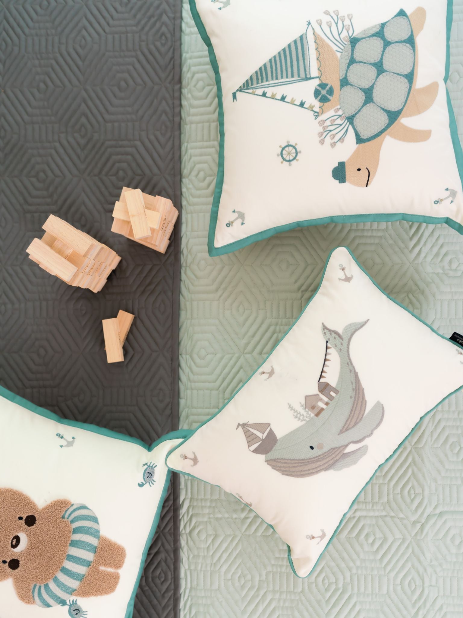 Under The Sea Sage Green Dark Grey Kids Cotton Rich Bedding Set (10 PC Set)