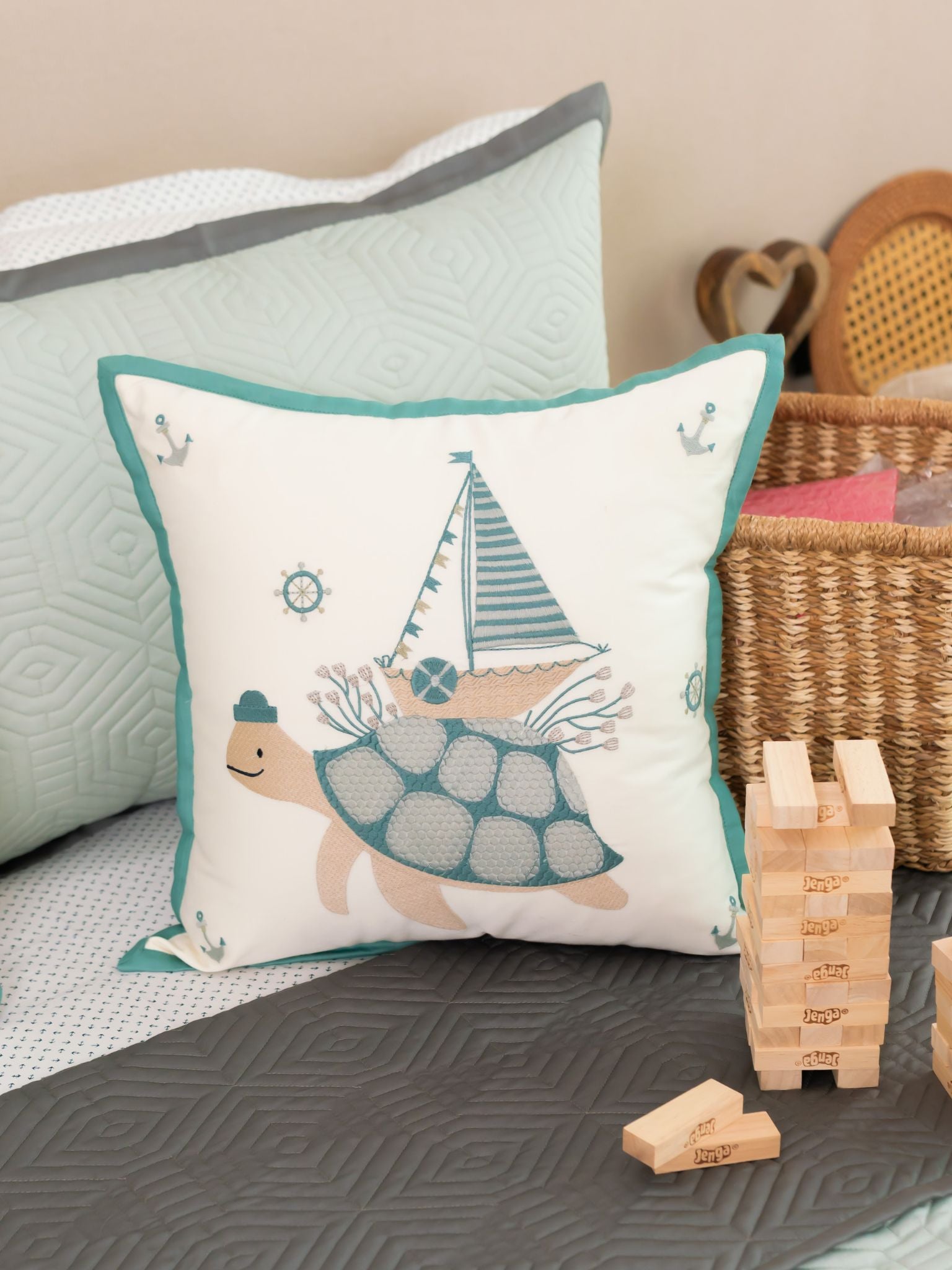 Under The Sea Sage Green Dark Grey Kids Cotton Rich Bedding Set (10 PC Set)