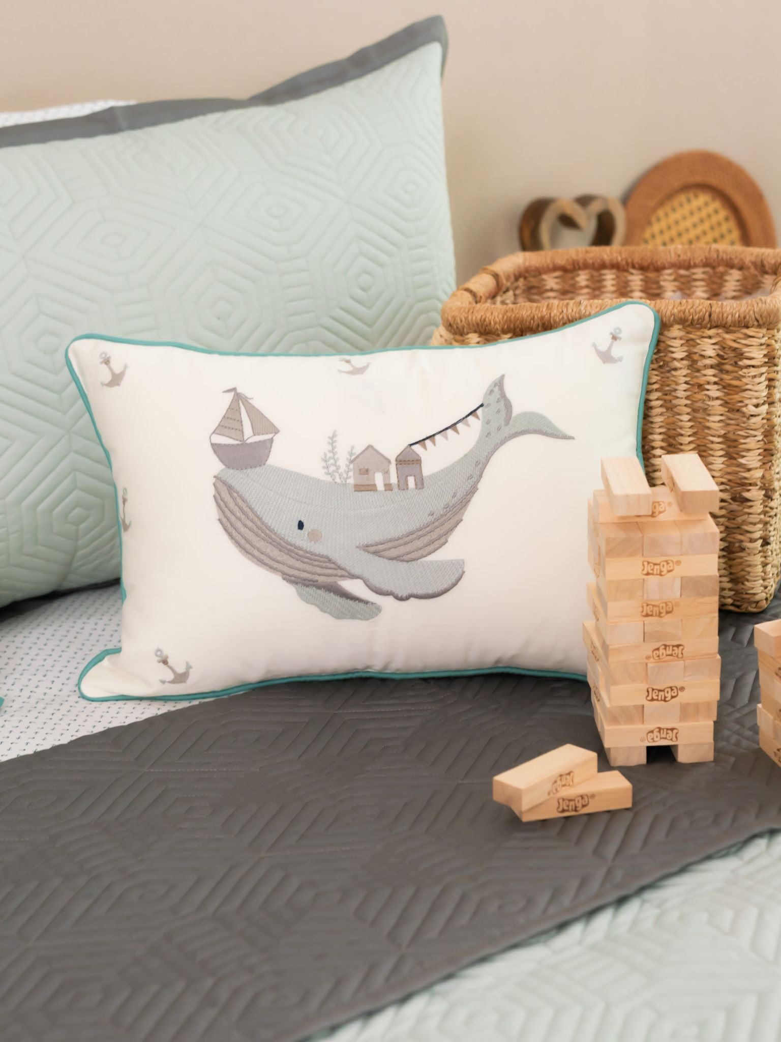 Under The Sea Sage Green Dark Grey Kids Cotton Rich Bedding Set (10 PC Set)