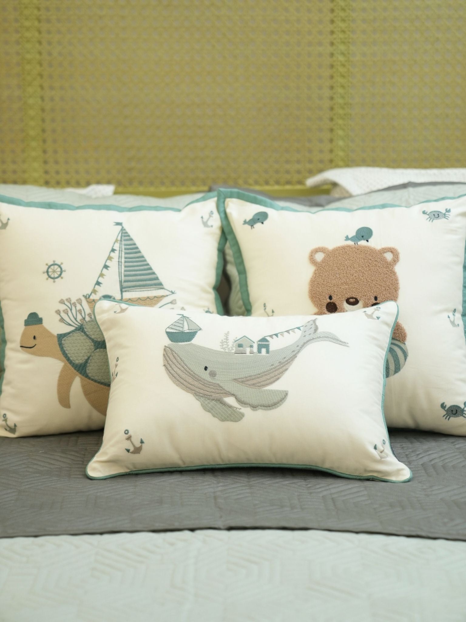 Under The Sea Sage Green Dark Grey Kids Cotton Rich Bedding Set (10 PC Set)