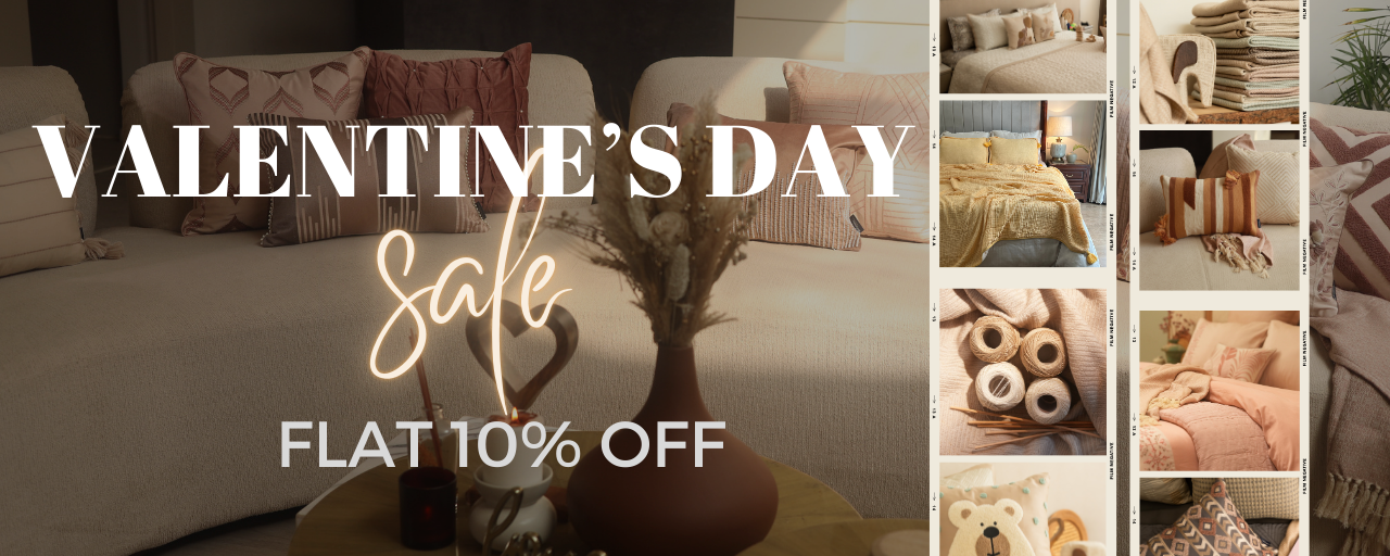 Promotional banner for Valentine's Day with decorative items and a discount offer.