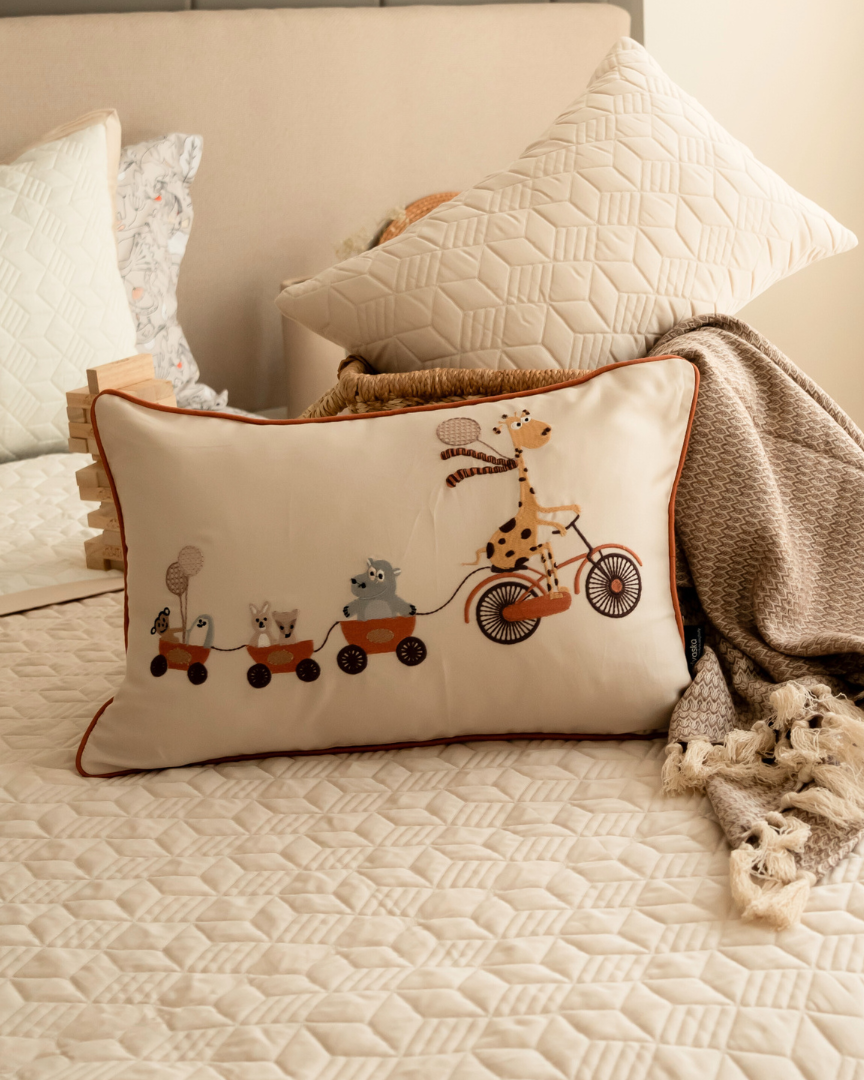 Bon Voyager Cotton Embroidered Beige Cushion Cover Kids Design 12" X 18"