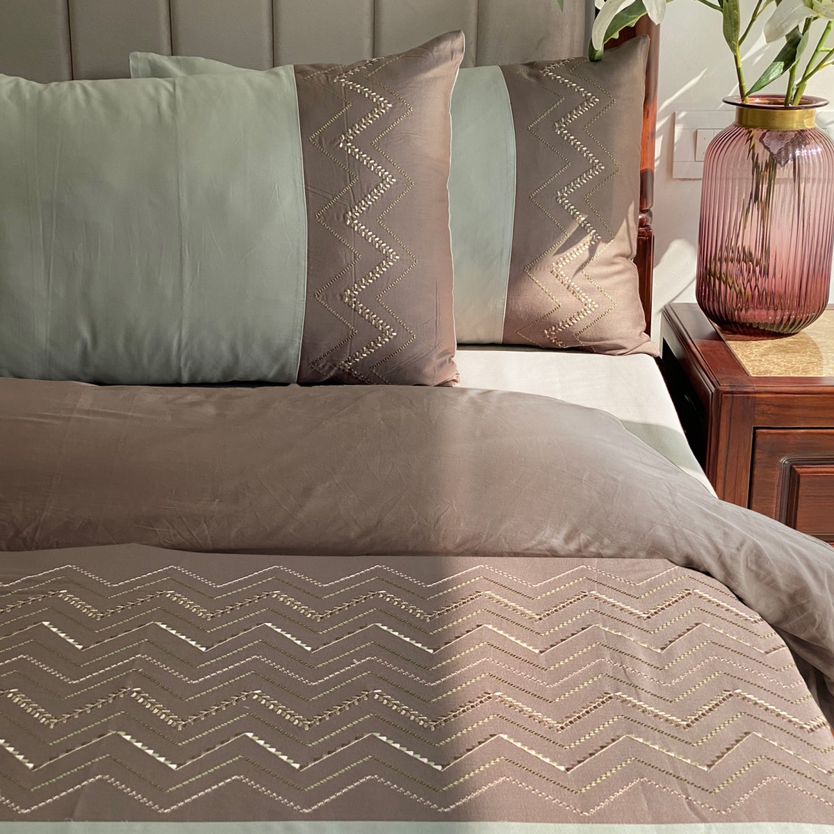 Chevron Khaki and Sage Green Mesmeric Duvet Cover