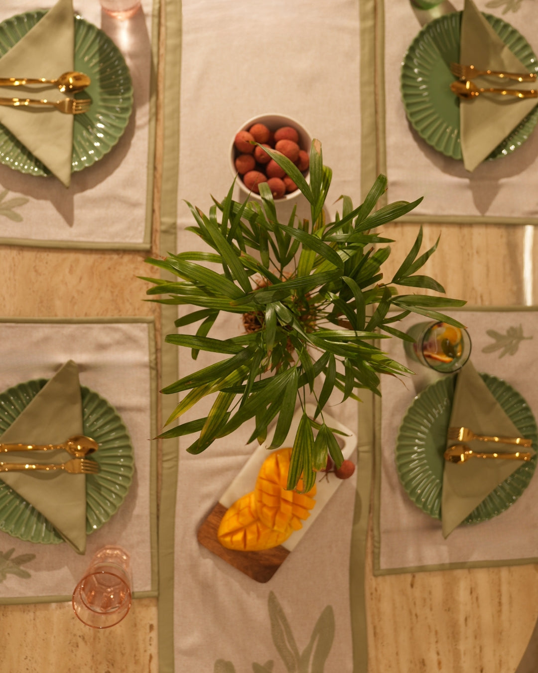 Palm Haven Beige and Green Table Linen Set (13 PC Set)