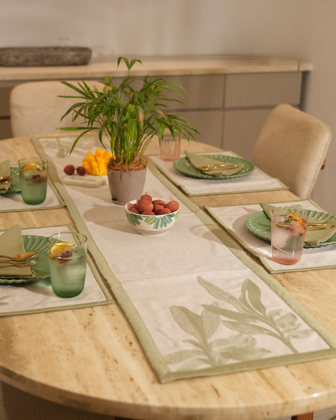 Palm Haven Beige and Green Table Linen Set (13 PC Set)