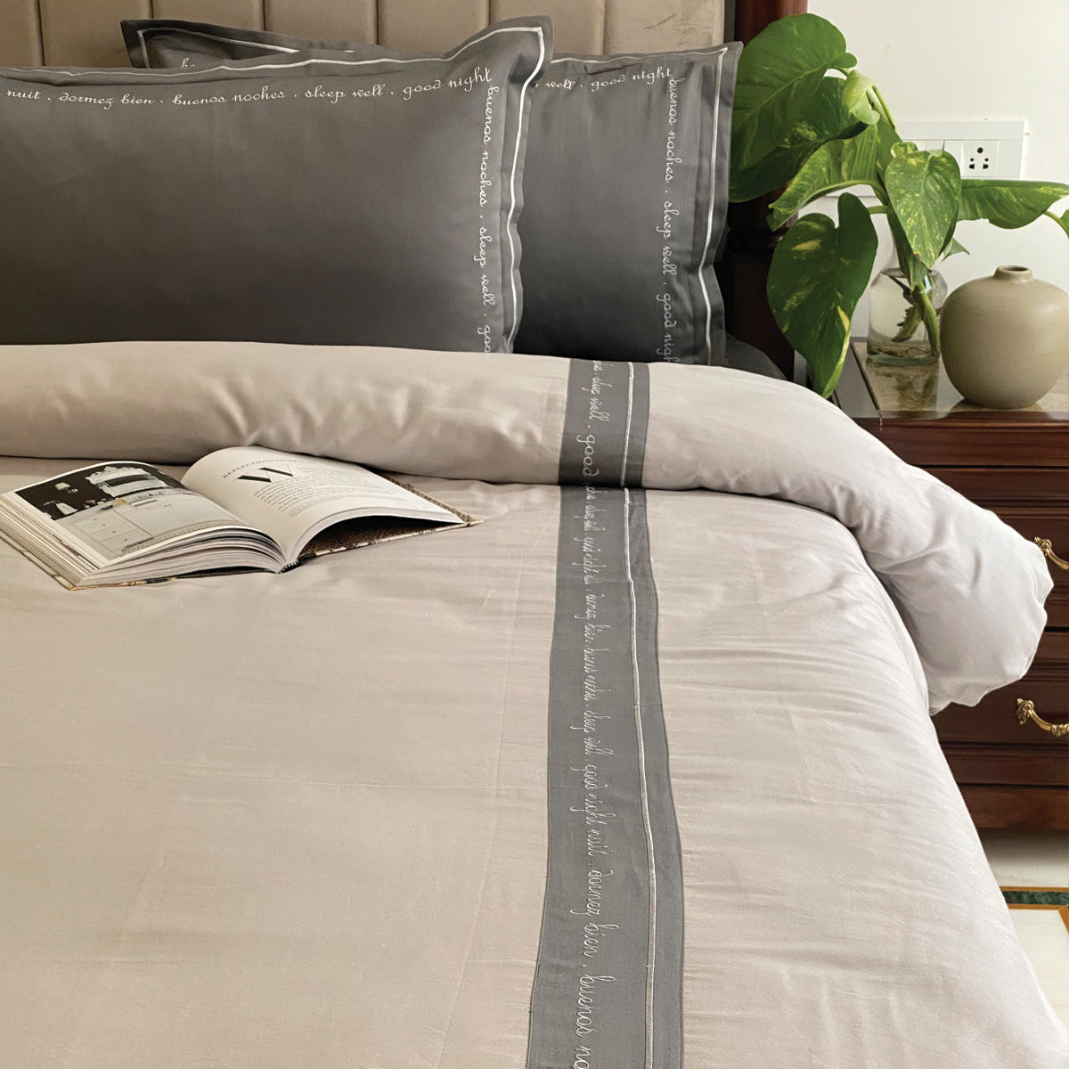 Sleep Well Good Night Dark Grey Alpha Duvet Cover Set