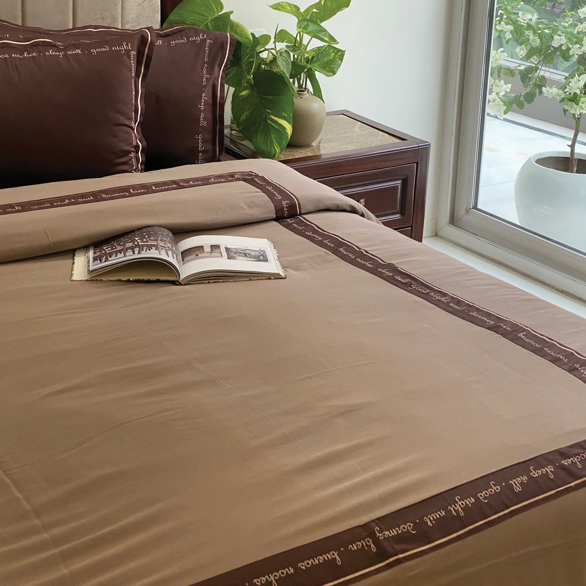 Sleep Well Good Night Coffee and Taupe Alpha Duvet Cover Set