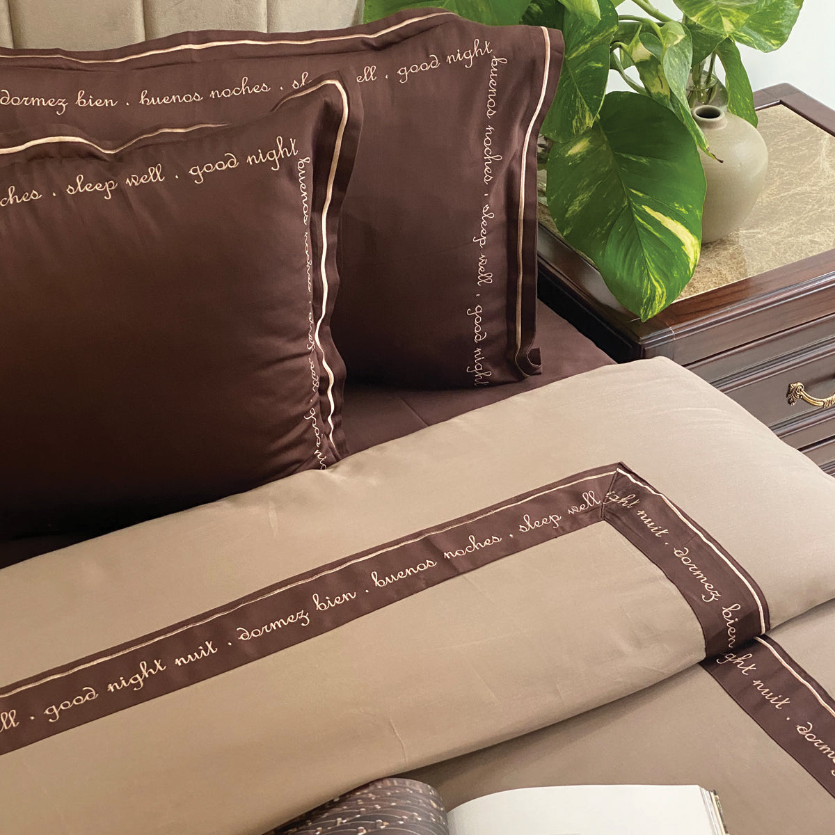 Sleep Well Good Night Coffee and Taupe Alpha Duvet Cover Set