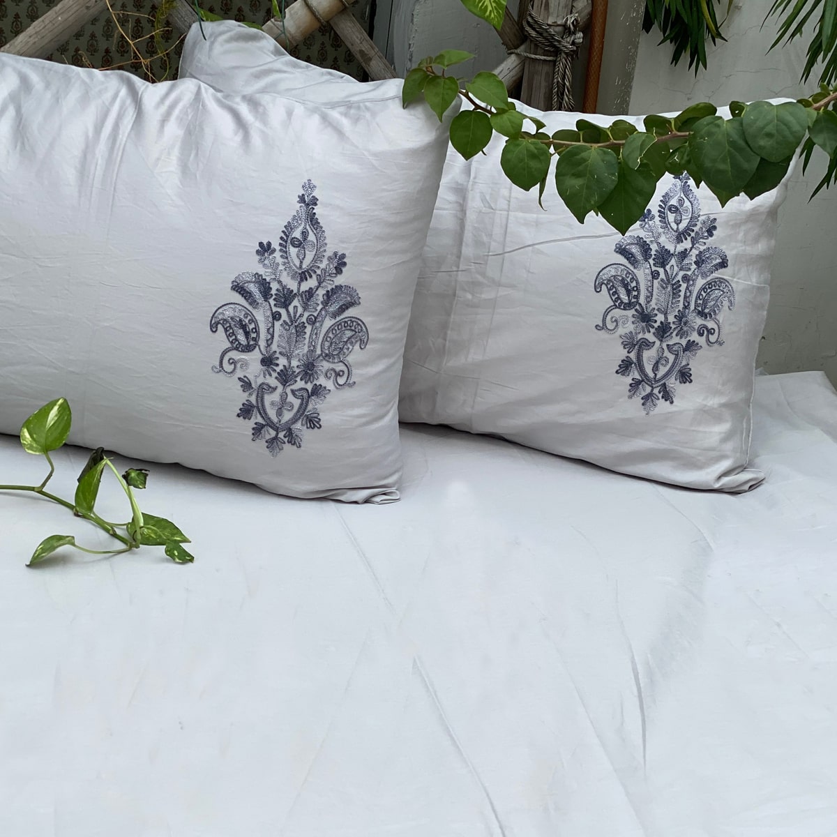 Willow Embroidered Grey Duvet Cover Set