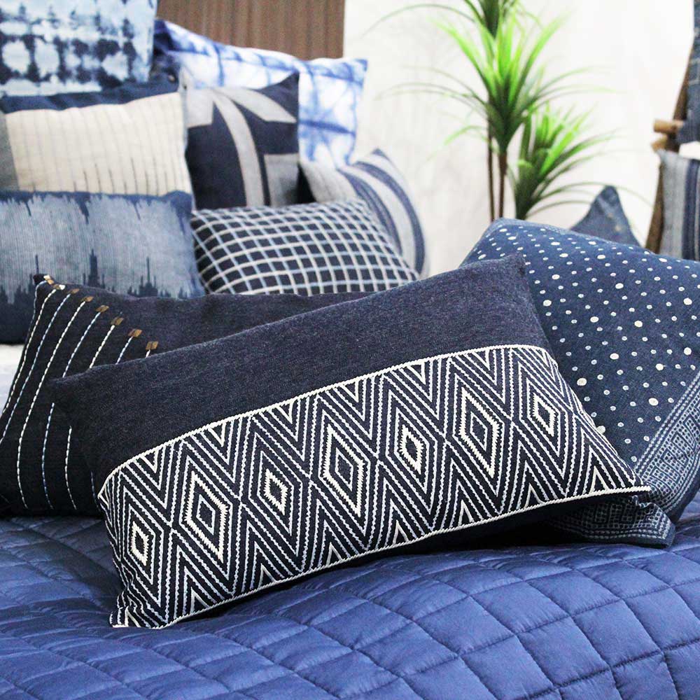 Carolina Cushion Cover with Hand Embroidered Indigo Pillow Cushion Case 12" X 18"…