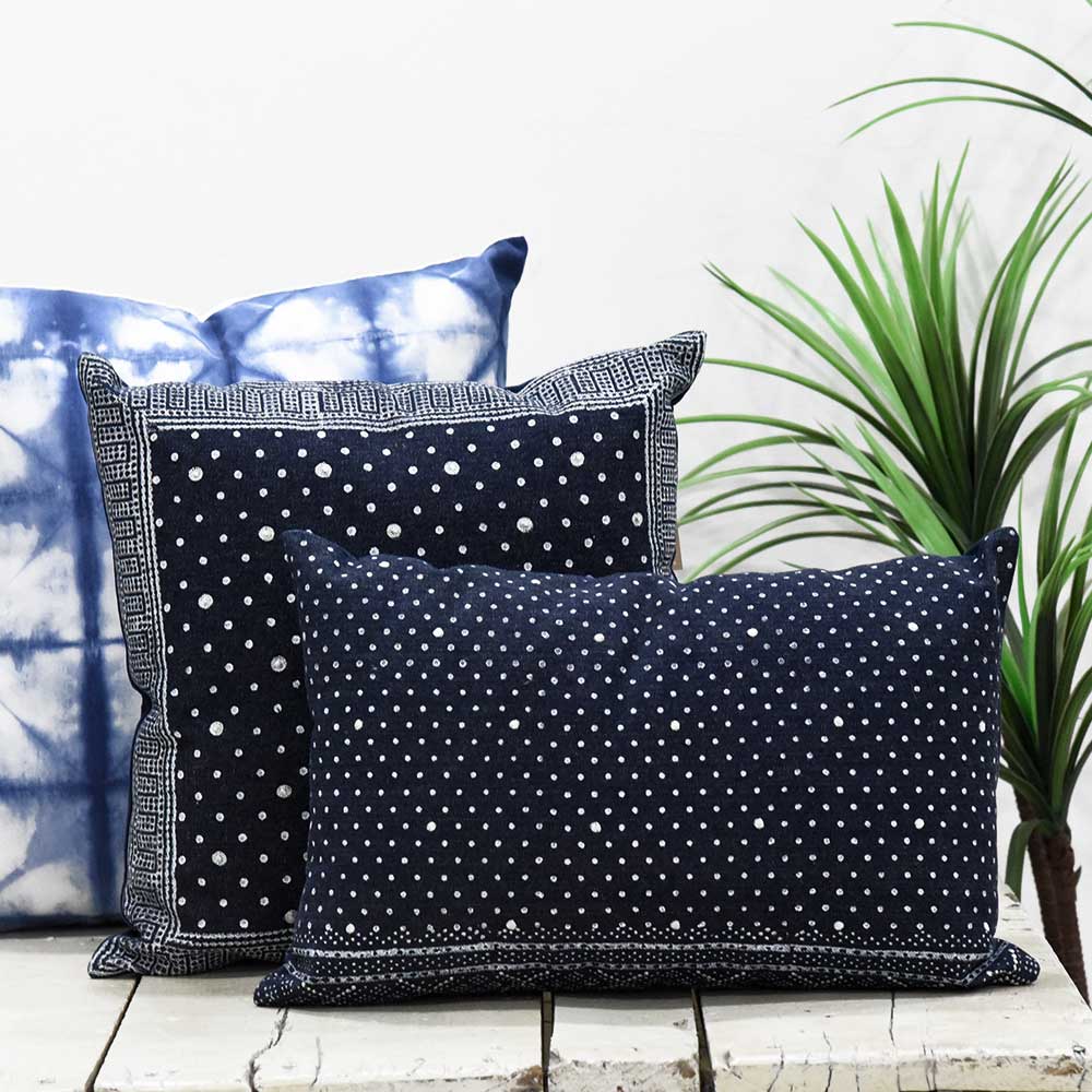 Hand Embroidered Indigo Pillow Cover Denim Hand Block Print Cushion Pillow Cases 12" X 18"…