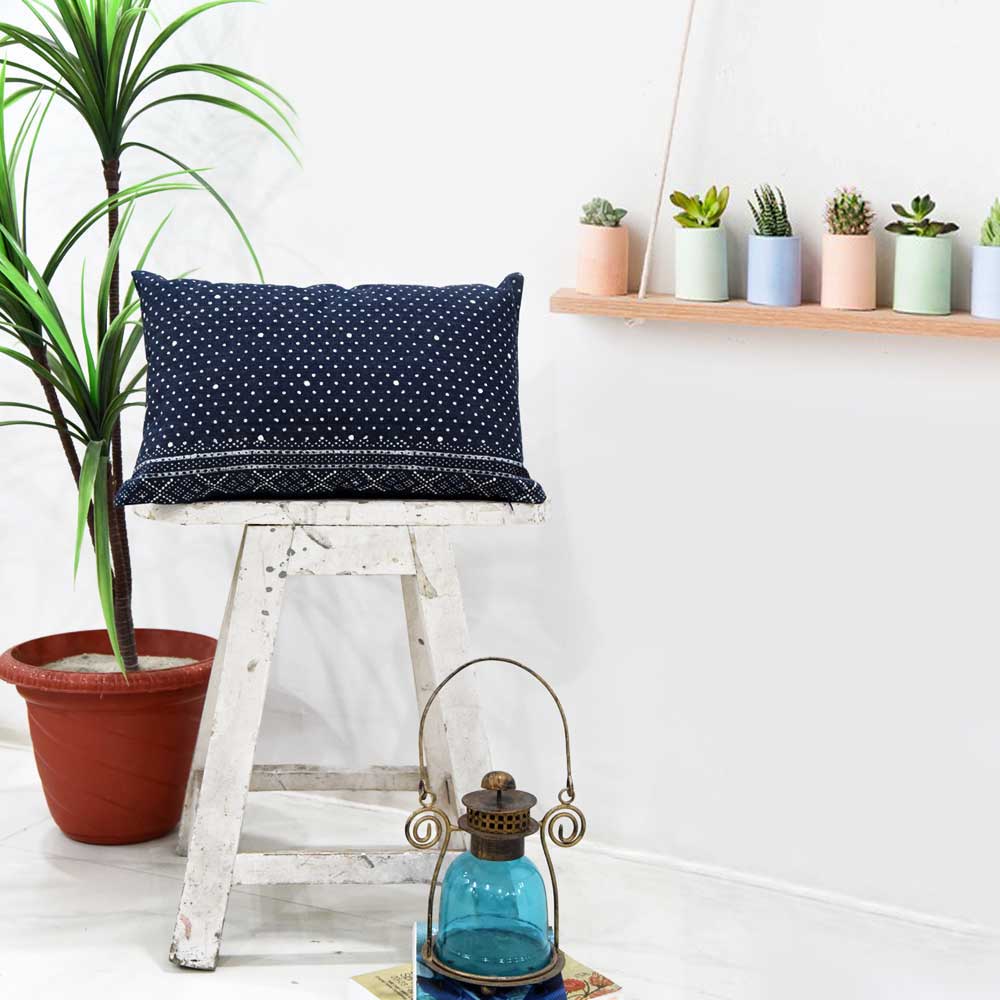 Hand Embroidered Indigo Pillow Cover Denim Hand Block Print Cushion Pillow Cases 12" X 18"…