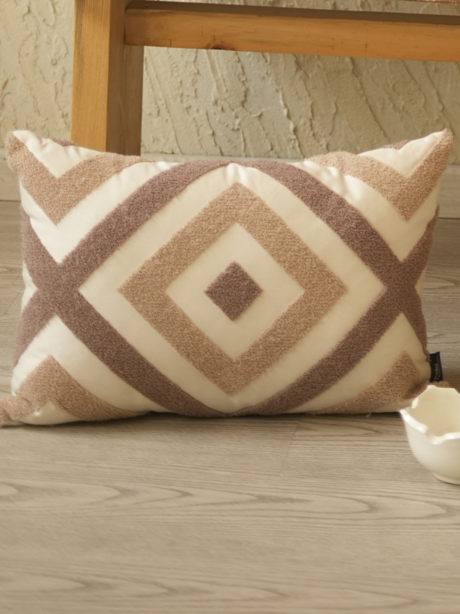 Lune Oats Beige Cotton Embroidered Cushion Cover 12" X 18"