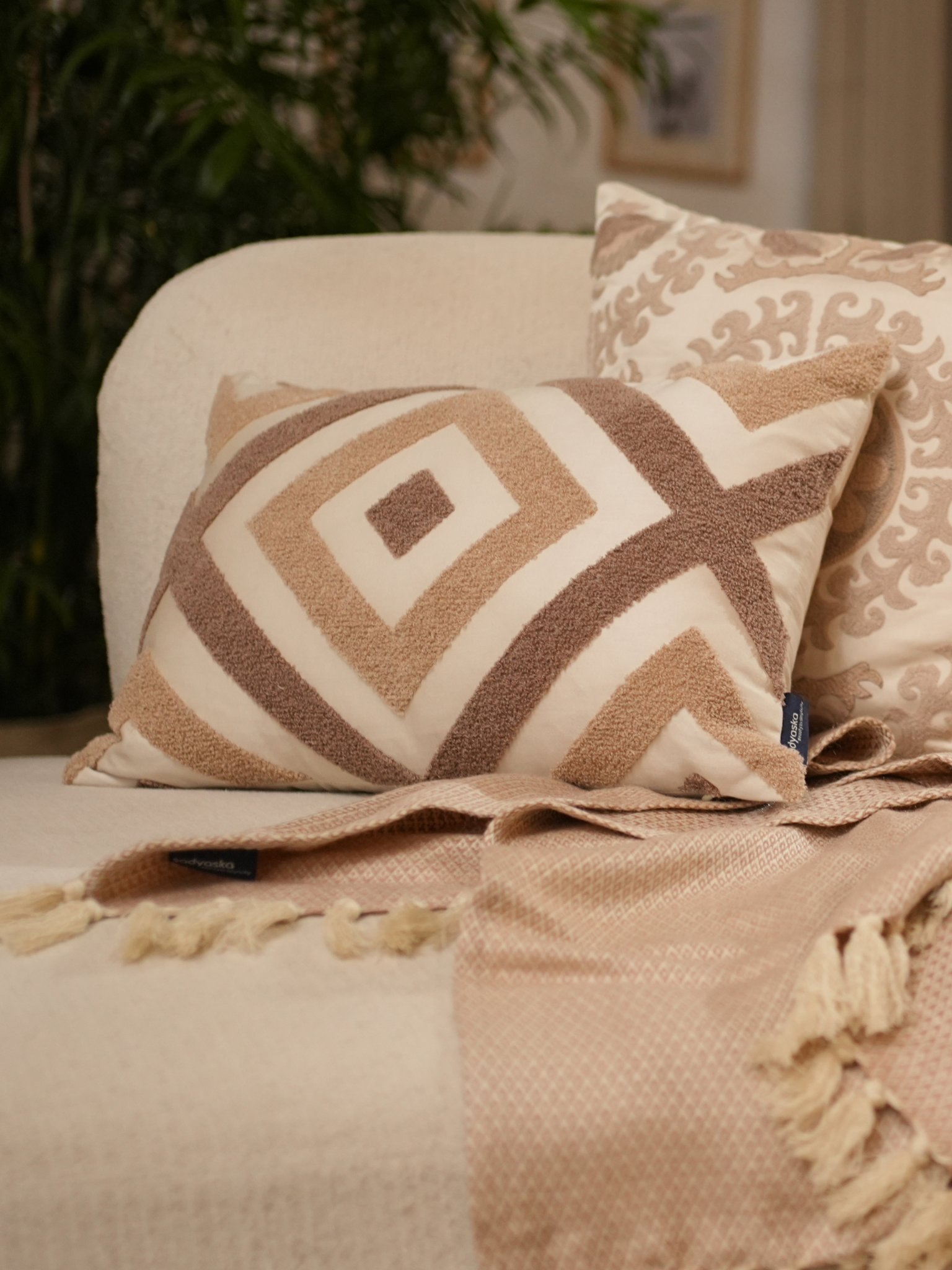 Lune Oats Beige Cotton Embroidered Cushion Cover 12" X 18"