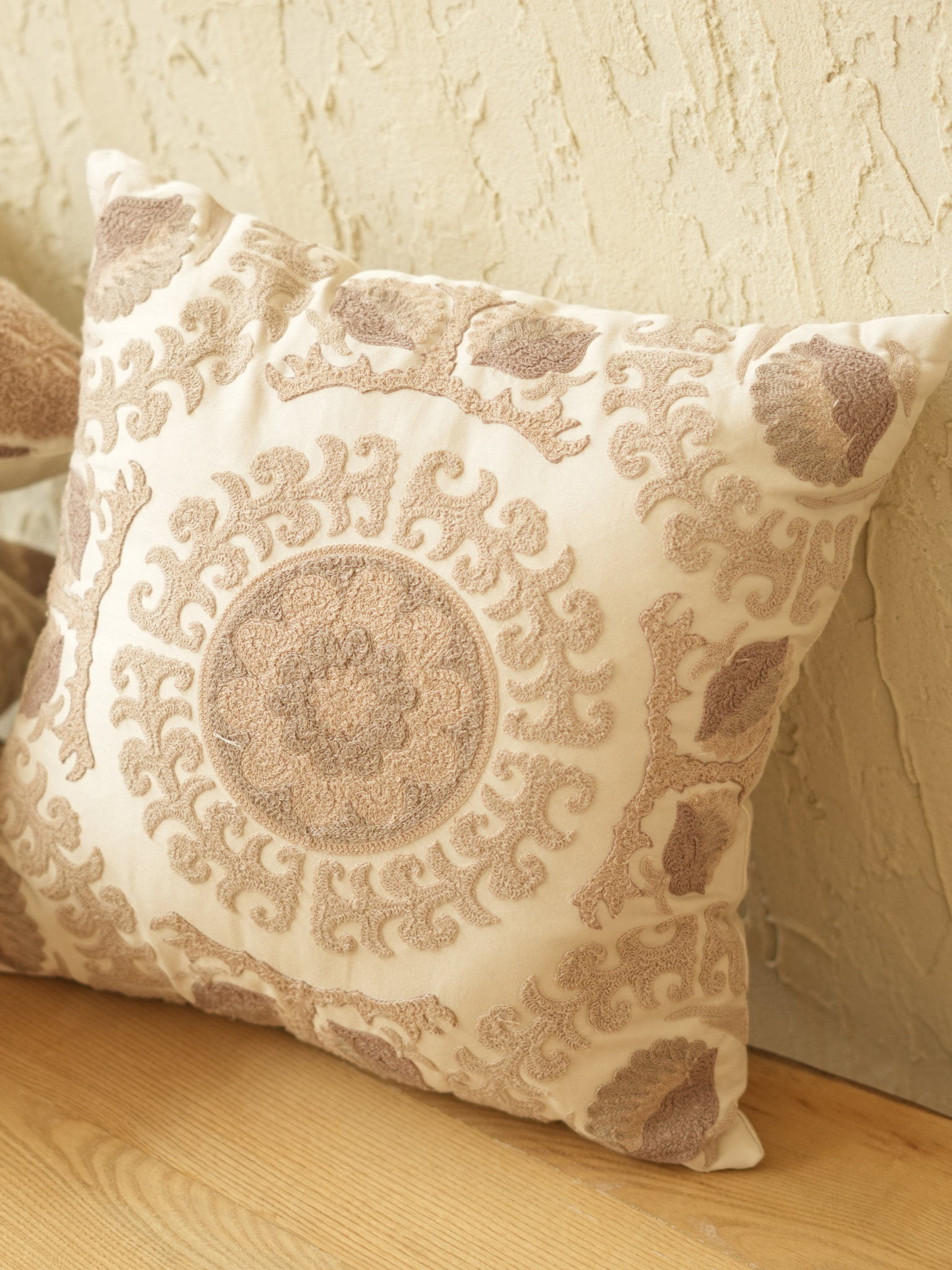 Zora Oats Beige Cotton Embroidered Cushion Cover 16" X 16"