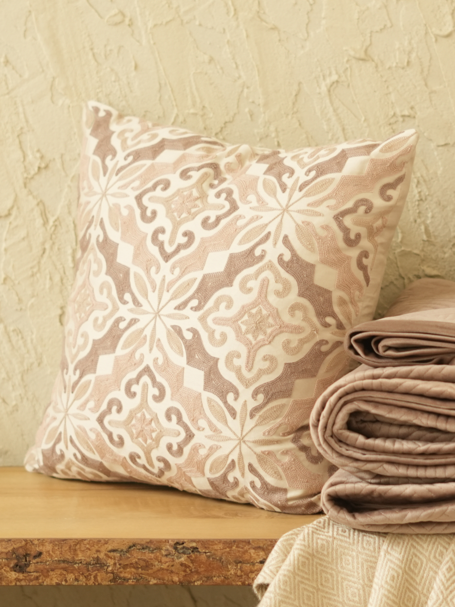 Mesa Oats Beige Cotton Embroidered Cushion Cover 16" X 16"
