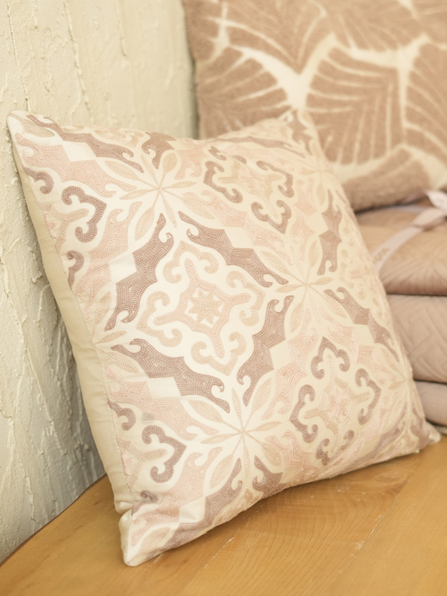 Mesa Oats Beige Cotton Embroidered Cushion Cover 16" X 16"