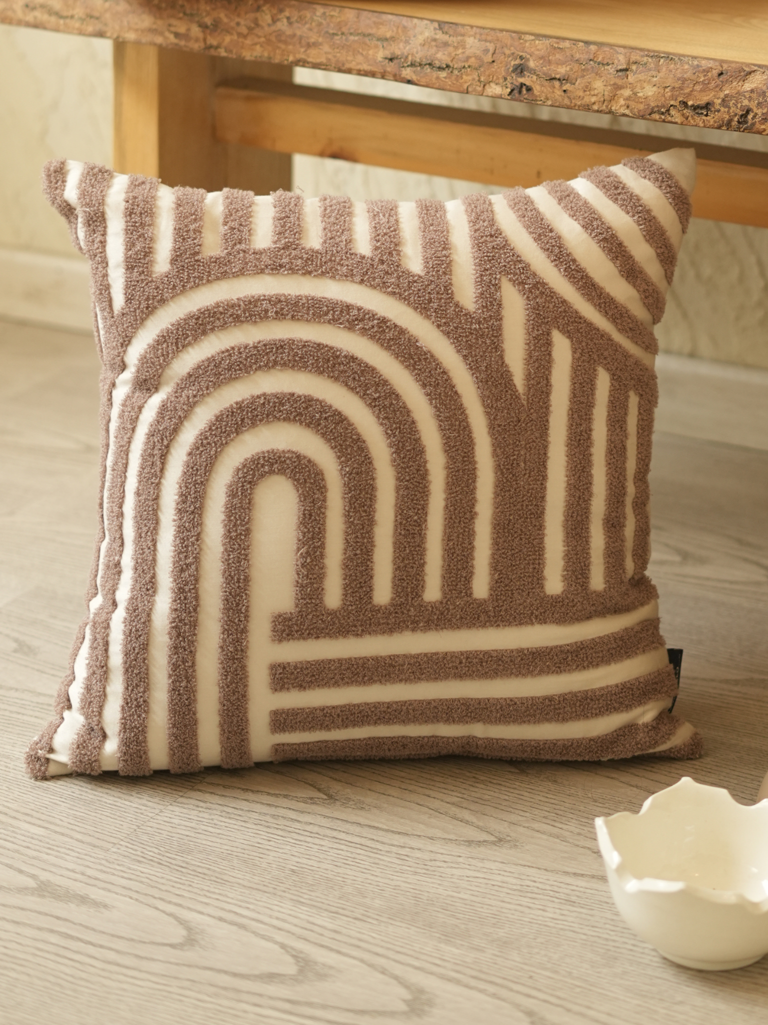 Dusk Oats Beige Cotton Embroidered Cushion Cover 16" X 16"