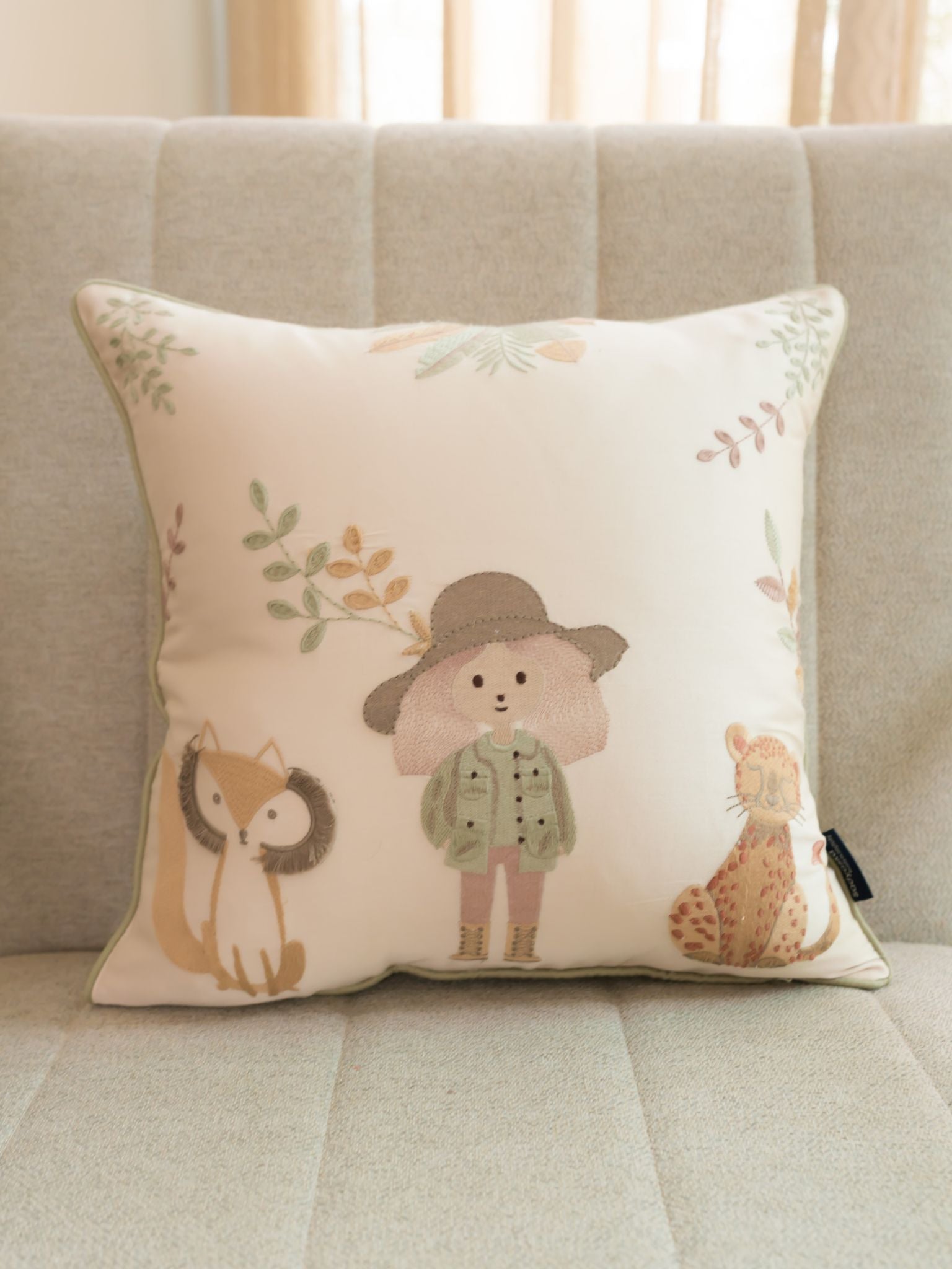 Wild Crew Cotton Embroidered Oats Beige Cushion Cover Kids Design 16" X 16"