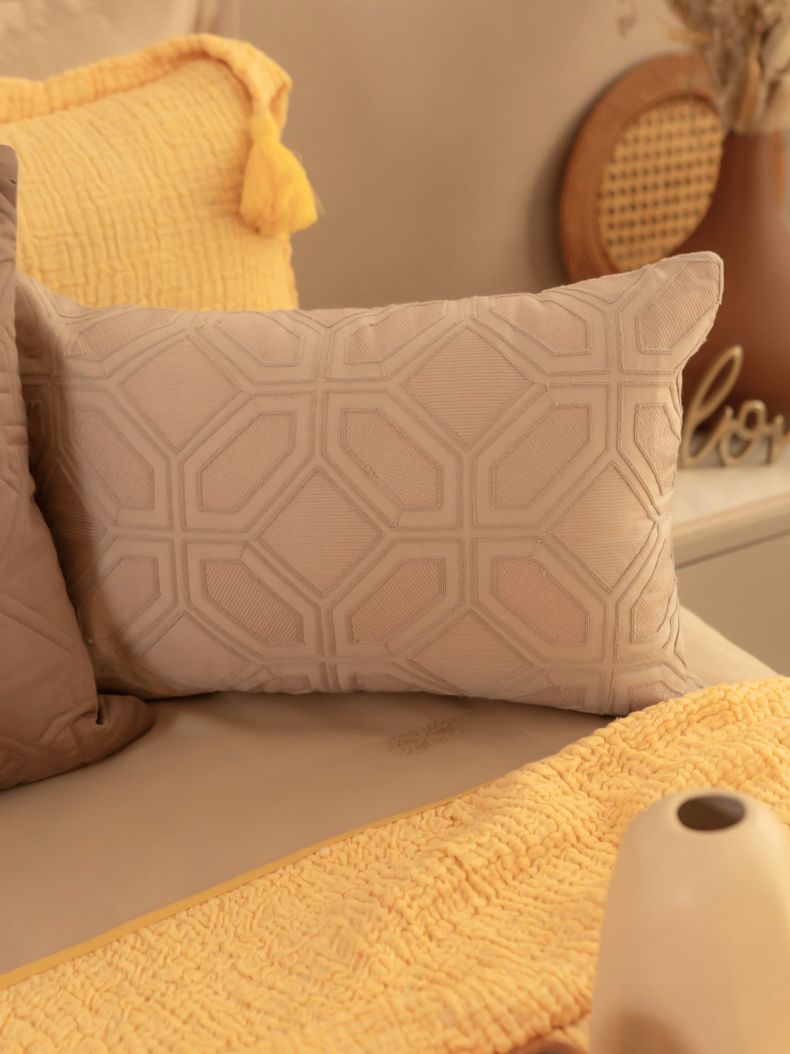 Arc Beige Cotton Embroidered Cushion Cover 12" X 18"