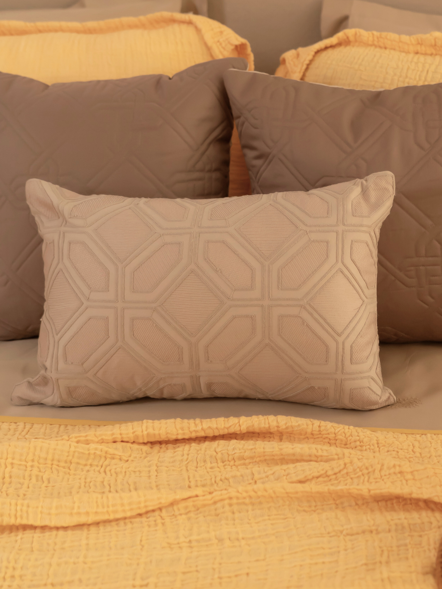 Arc Beige Cotton Embroidered Cushion Cover 12" X 18"