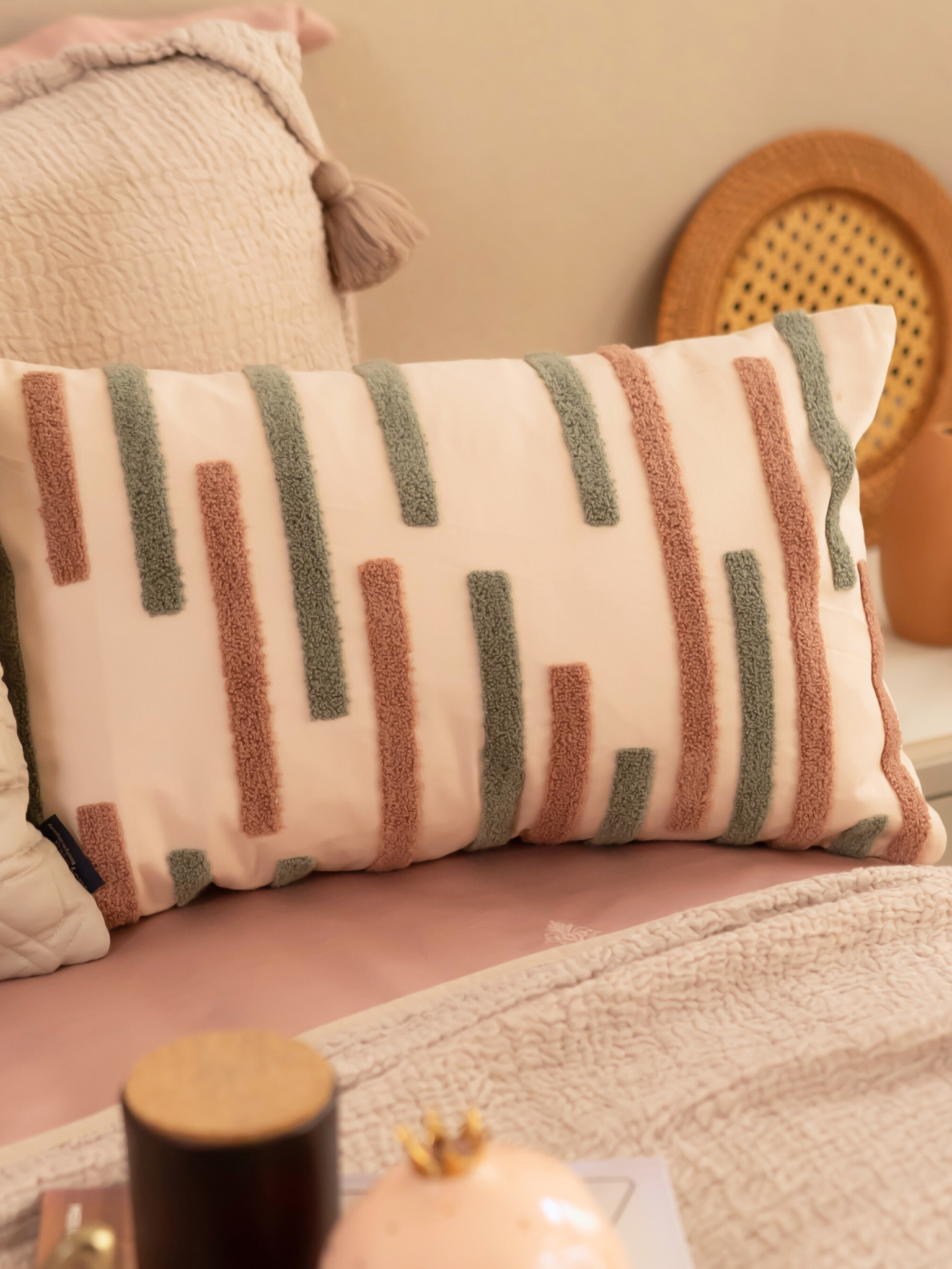 Sleeklines Buff Cotton Embroidered Cushion Cover 12" X 18"