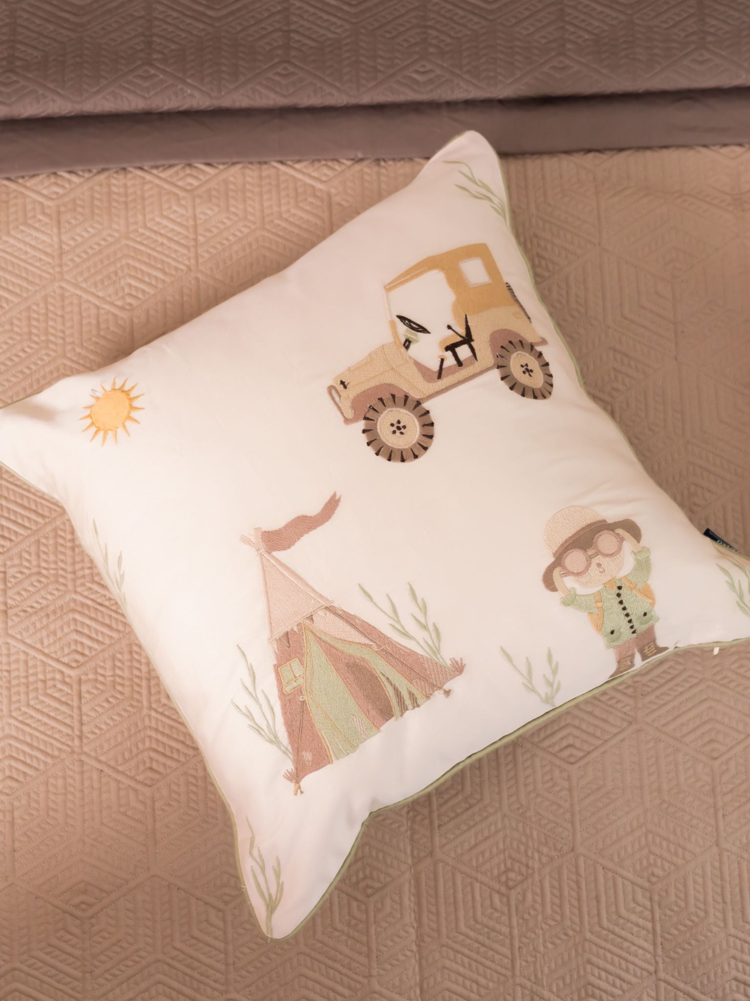 Camp Cozy Cotton Embroidered Oats Beige Cushion Cover Kids Design 16" X 16"