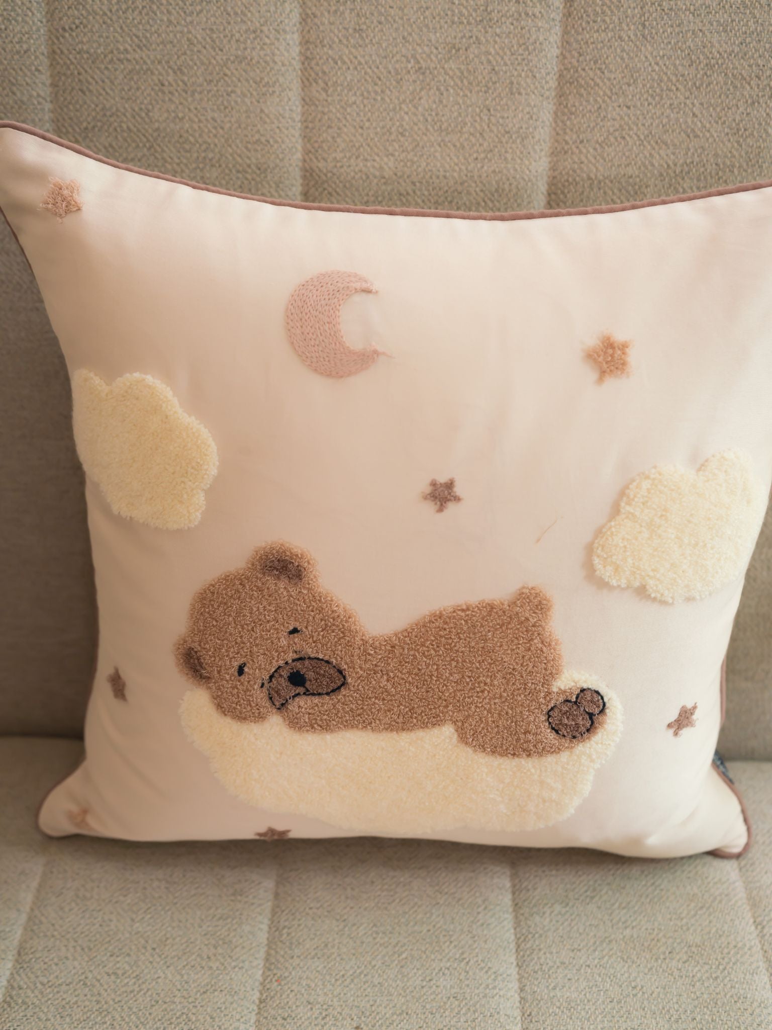 Sleepy Whim Cotton Embroidered Oats Beige Cushion Cover Kids Design 16" X 16"